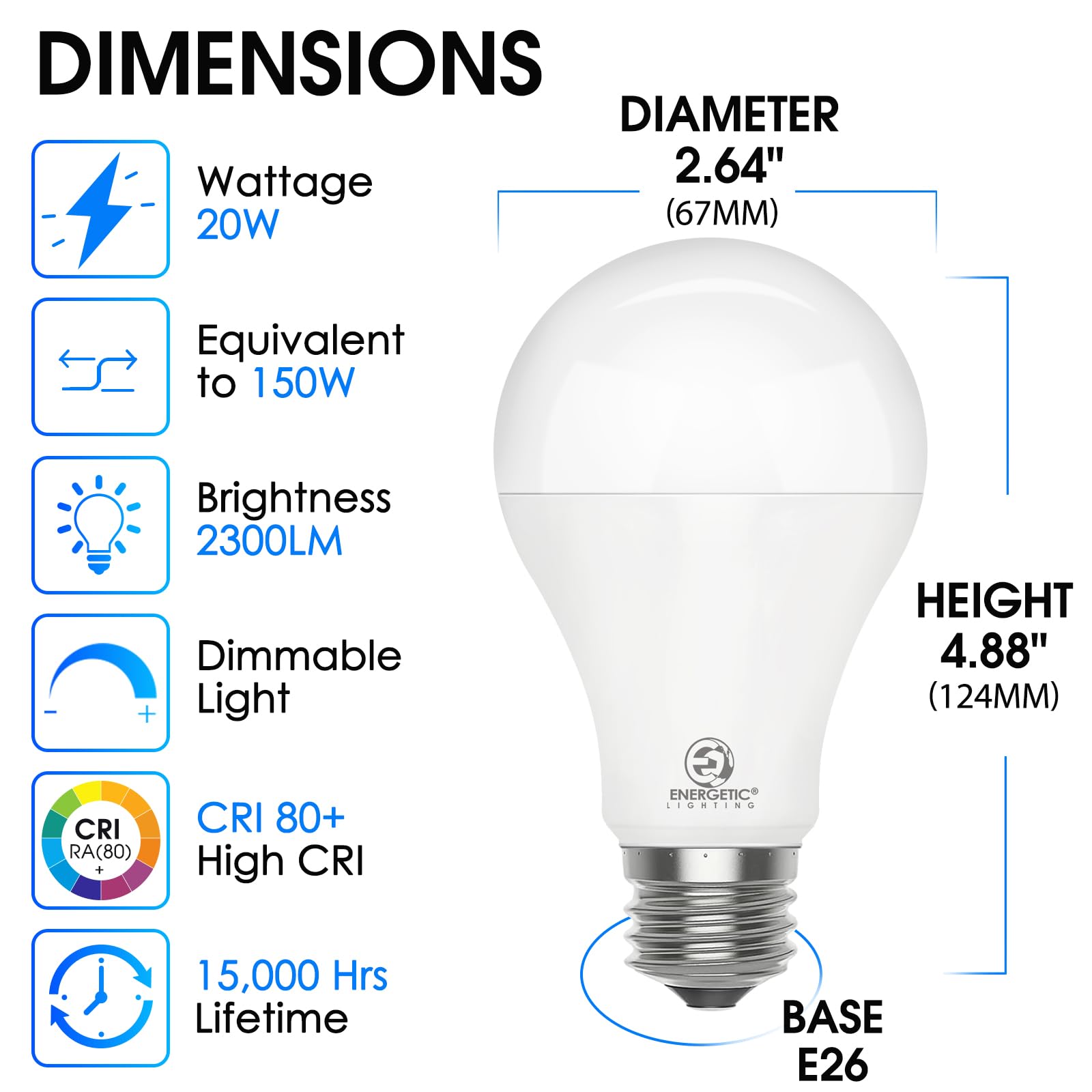 E ENERGETIC LIGHTING Dimmable LED Bulb, 150W Equivalent, Daylight 5000K, 2300LM, E26 Base, Damp Rated, 2-Pack