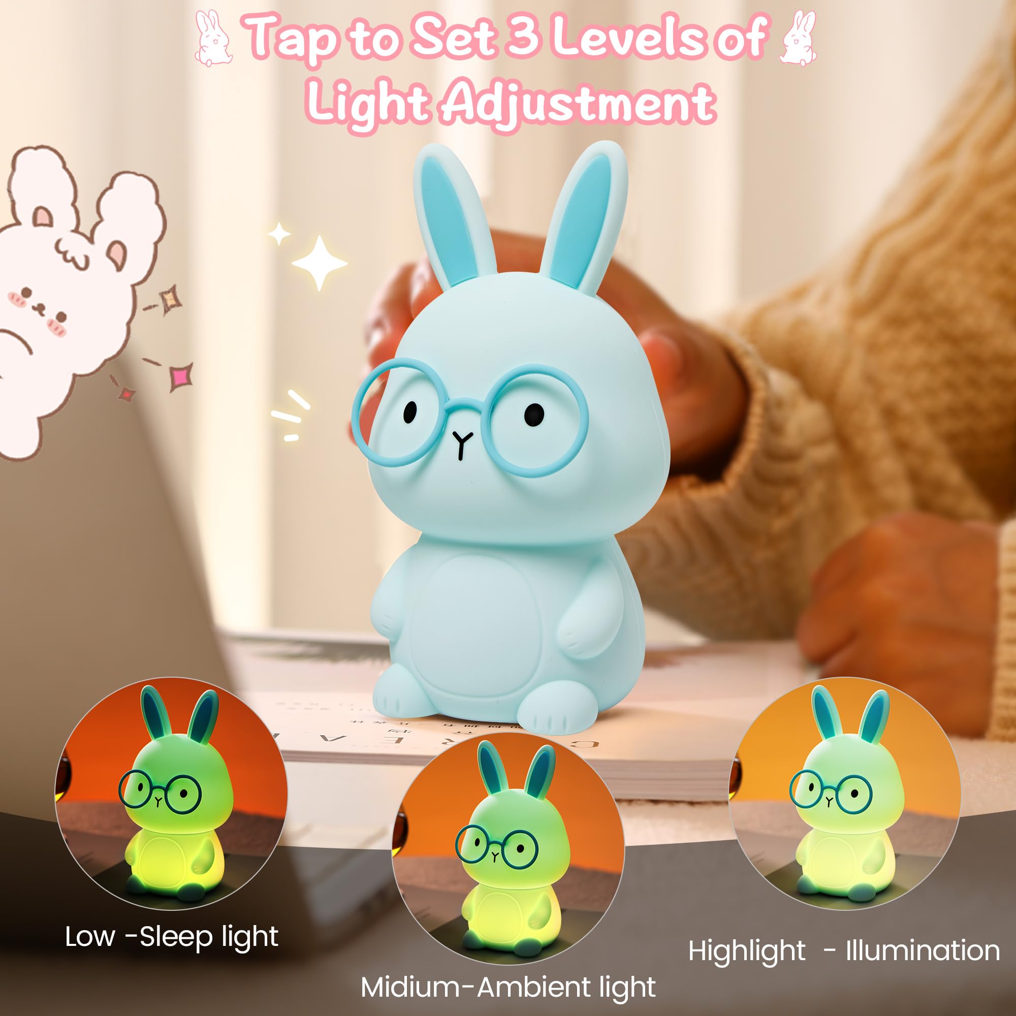 FAMIDUO Bunny Night Light, Rabbit Lamp for Kids, Rechargeable LED Nightlight for Easter Gift,Silicone Bedside Lamp with Touch Co