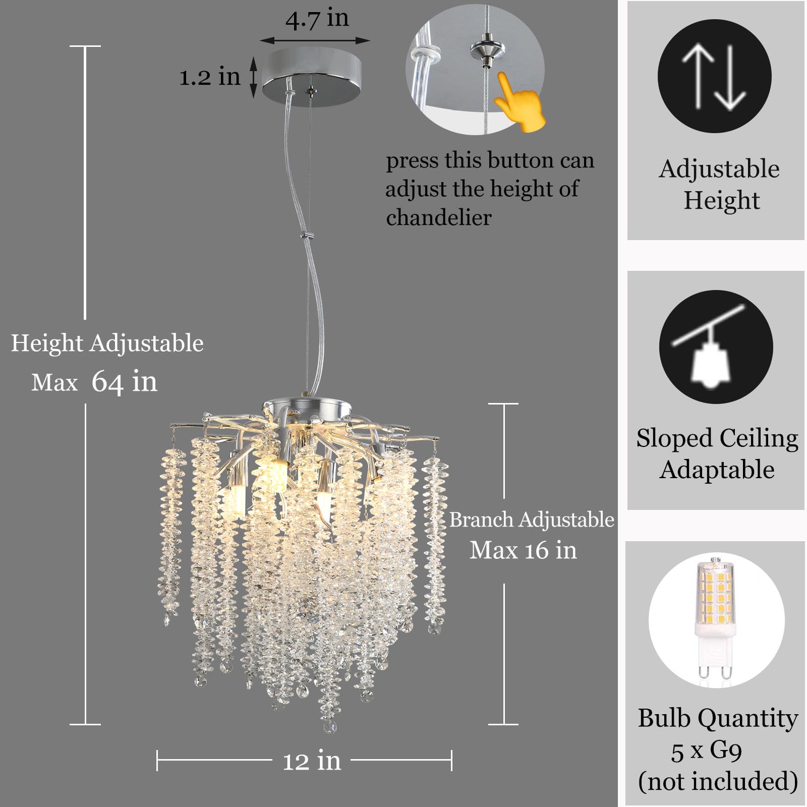 Upfelw Modern Crystal Branch Chandelier D12, Silver Luxury Round Tree Branch Raindrop Pendant Light Fixture 5 Lights For Kitchen