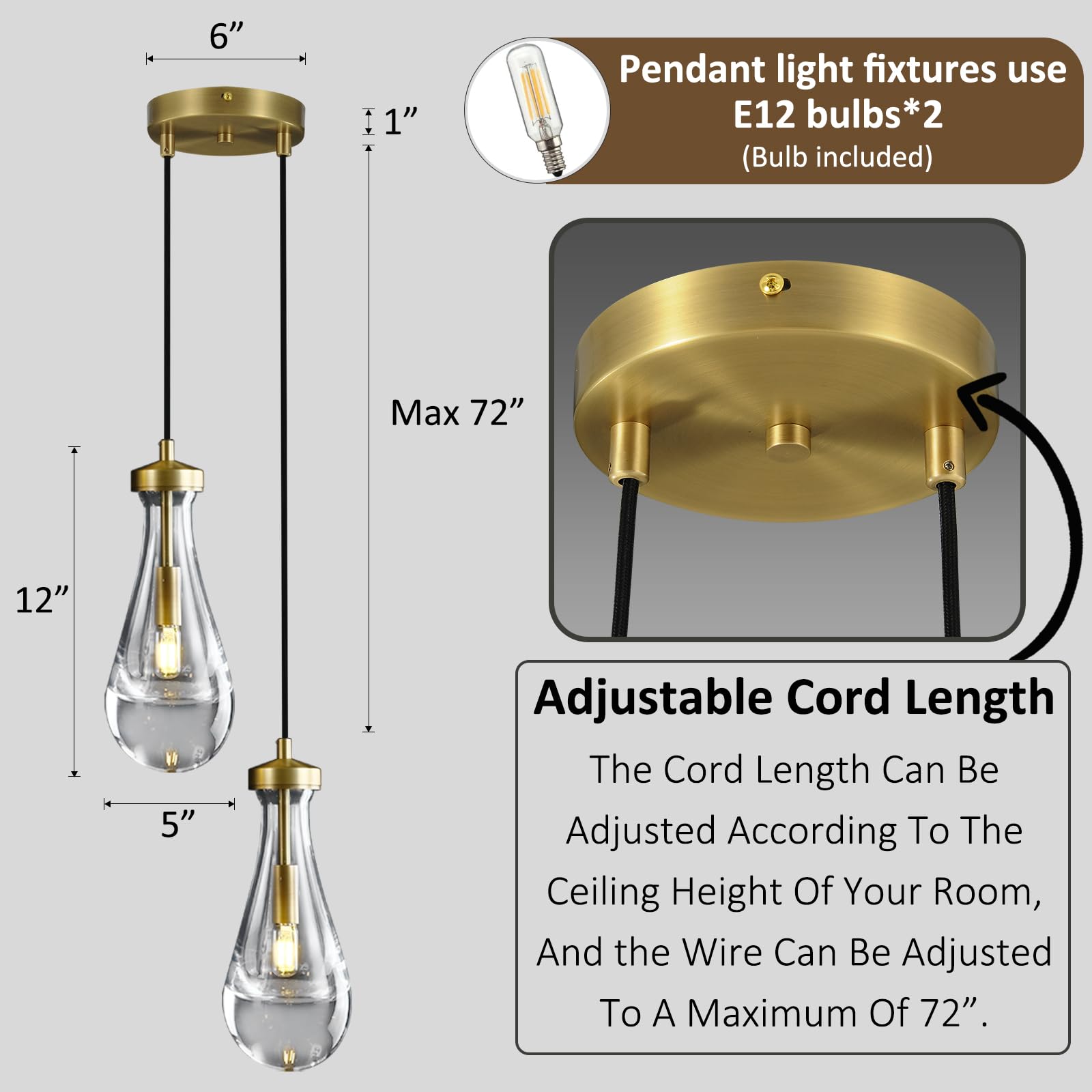 Joyunleo Brass Raindrop Pendant Lights Kitchen Island 2-Light  Cluster Gold Pendant Light Fixture For Bedroom  Dimmable Dining Room Light Fixture Hanging Pendant Lighting Ceiling Chandelier For Foyer