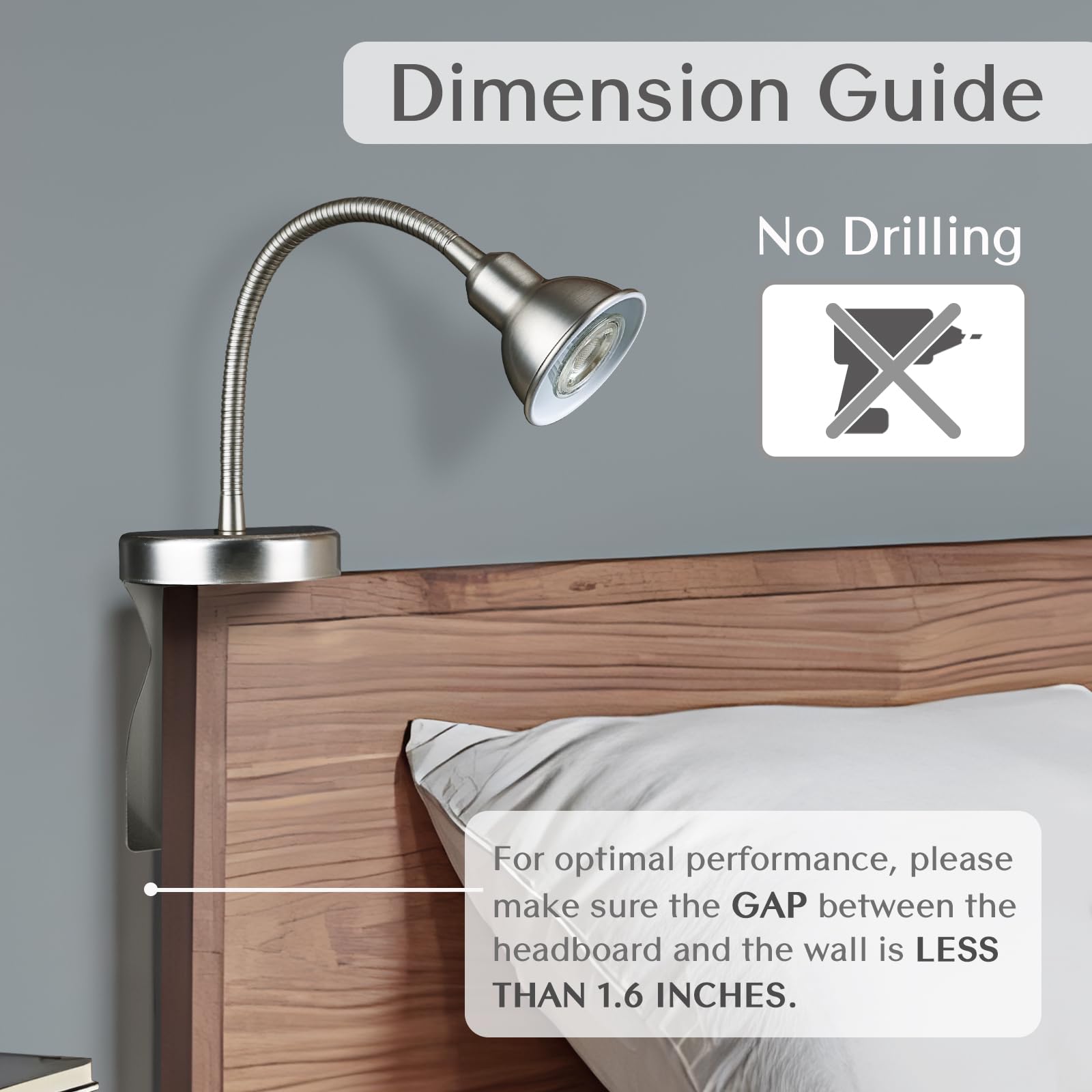 Solfres Headboard Reading Light - Dimmable LED, Movable & Flexible, Silver, Model Light003, No Drilling Design for Bedtime Reading