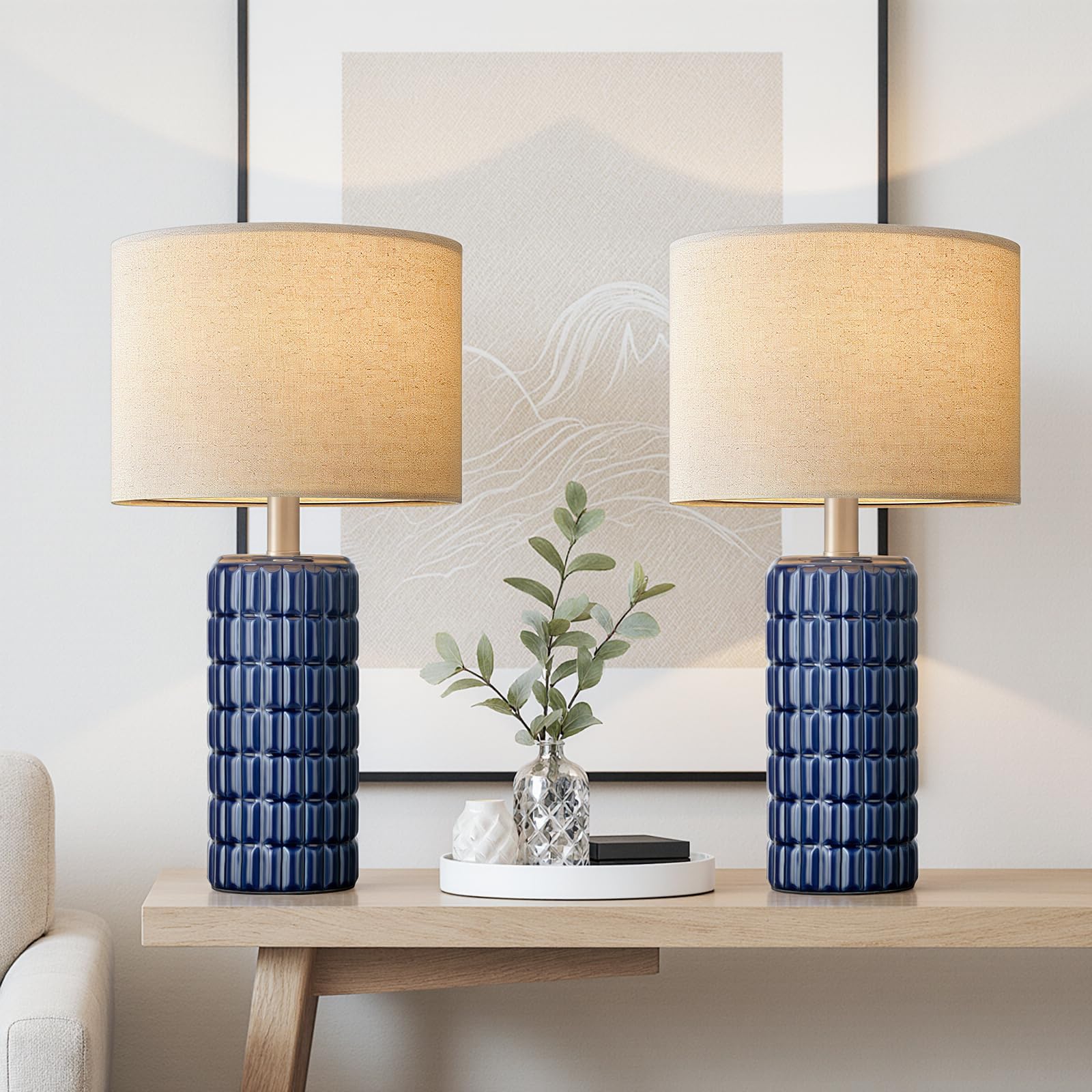 23 Modern Ceramic Table Lamps Set of 2 - Table Lamps for Living room  Farmhouse Bedside Night Stands Lamp for Bedroom  White Boho Nightstand Lamps Set of 2  Desk Lamp for End Table Home Decor(Blue)