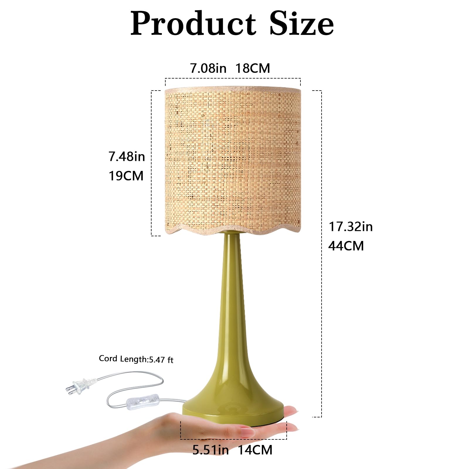 Green Rattan Small Table Lamp For Bedroom, Green Bedroom Lamps For Bedside Nightstand, Small Rattan Shade Table Shape Lamps For