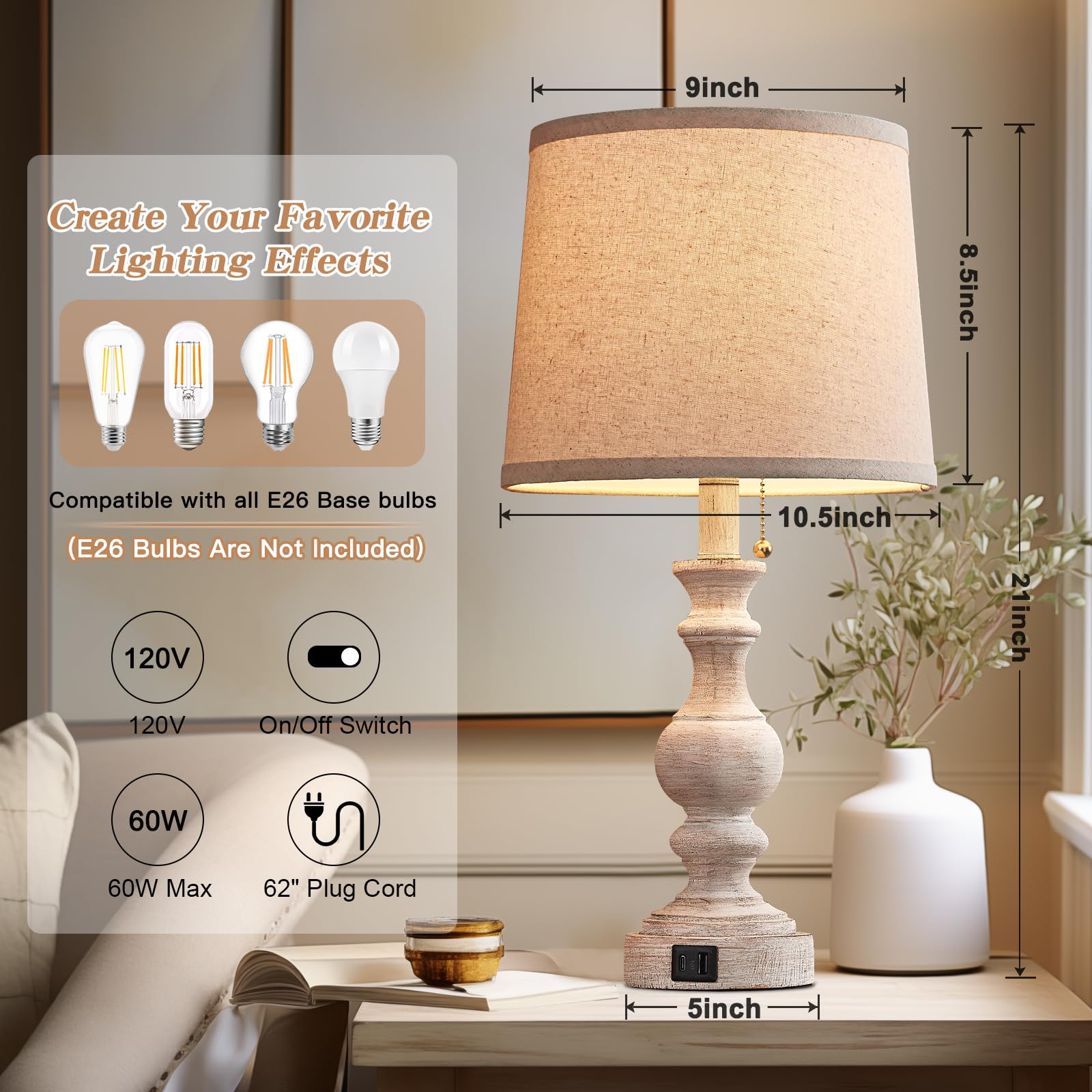 Booucuu Table Lamp For Bedroom Set Of 2 Farmhouse Bedside Lamps For Nightstand With Usb C+A Charging Ports Traditional Table Lam