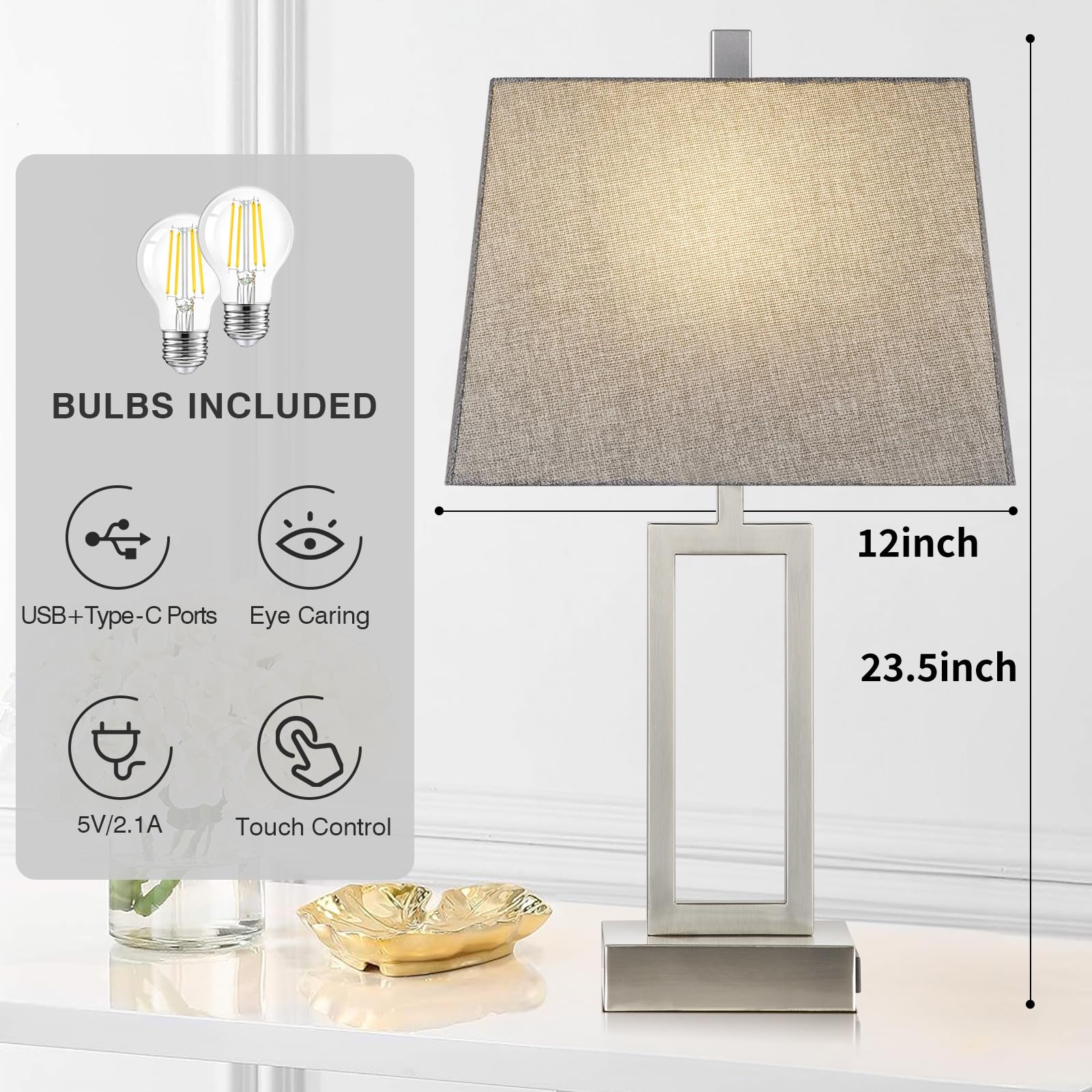Rinweey Modern Silver Touch Control Table Lamps Set of 2, 3-Way Dimmable, USB A+C Ports, AC Outlet, Large, Durable Metal