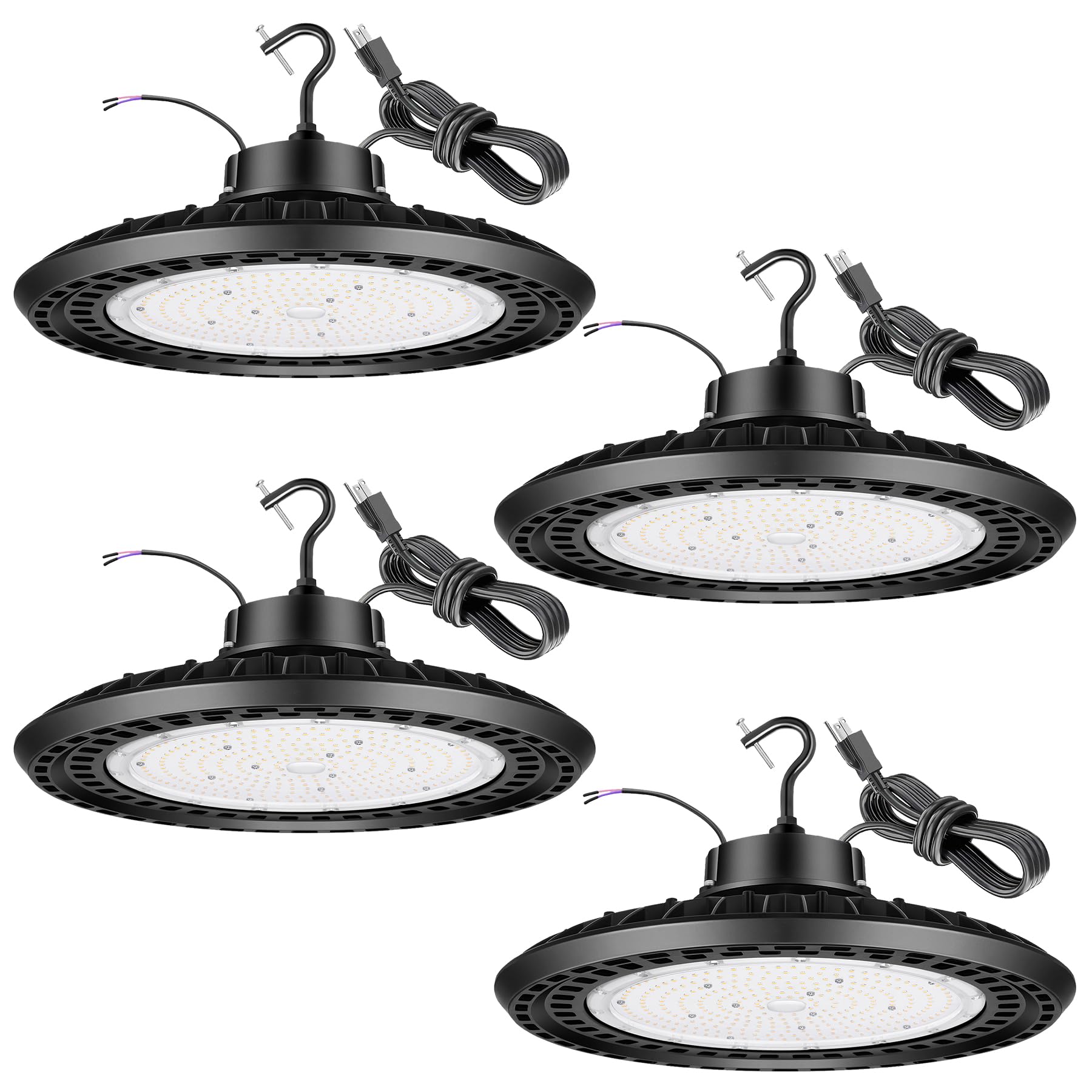 300W UFO LED High Bay Light 4PACK 5000K High Bay LED Shop Lights 45000LM 0-10V Dimmable 1200W HID/HPS Replacement with 5 US Plu