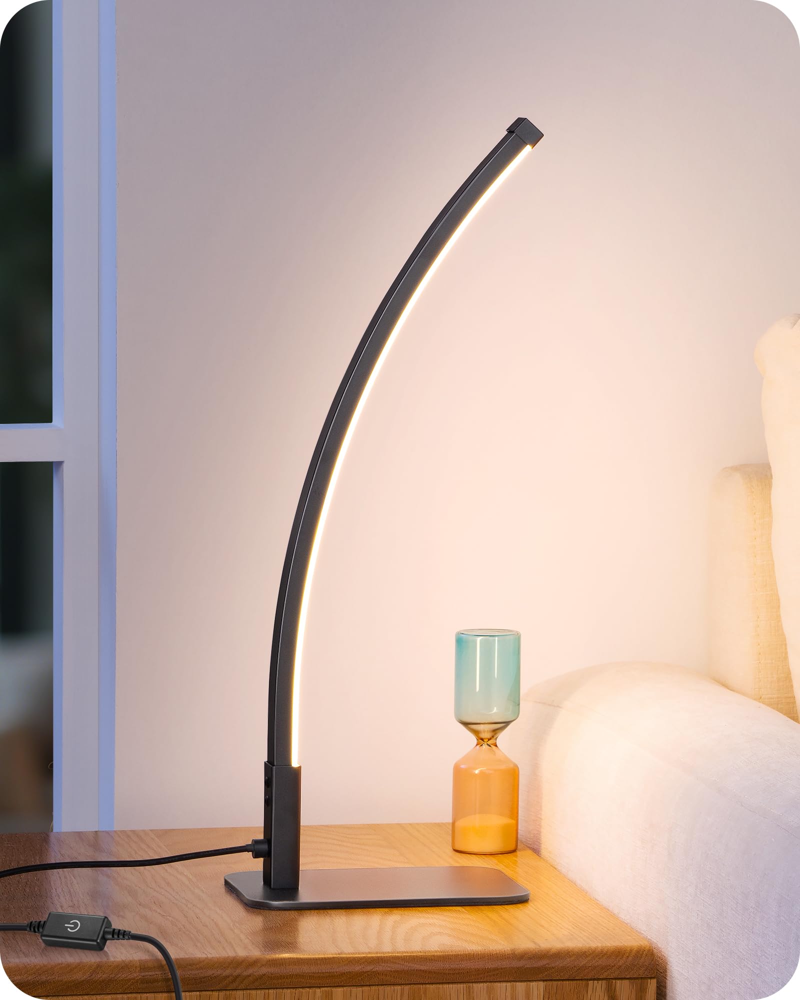 EDISHINE Curved LED Table Lamp, Modern Nightstand Lamp, 3 Color Temperatures, Stepless Dimming, Aluminum & Iron, Black, Model HLTL22W