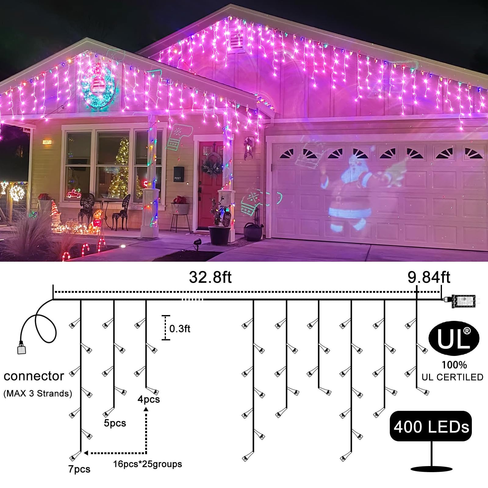 Einiiya Icicle Christmas Lights 400 LED 33ft Waterproof Pink 8 Modes Model BG-CL3M3-306L01