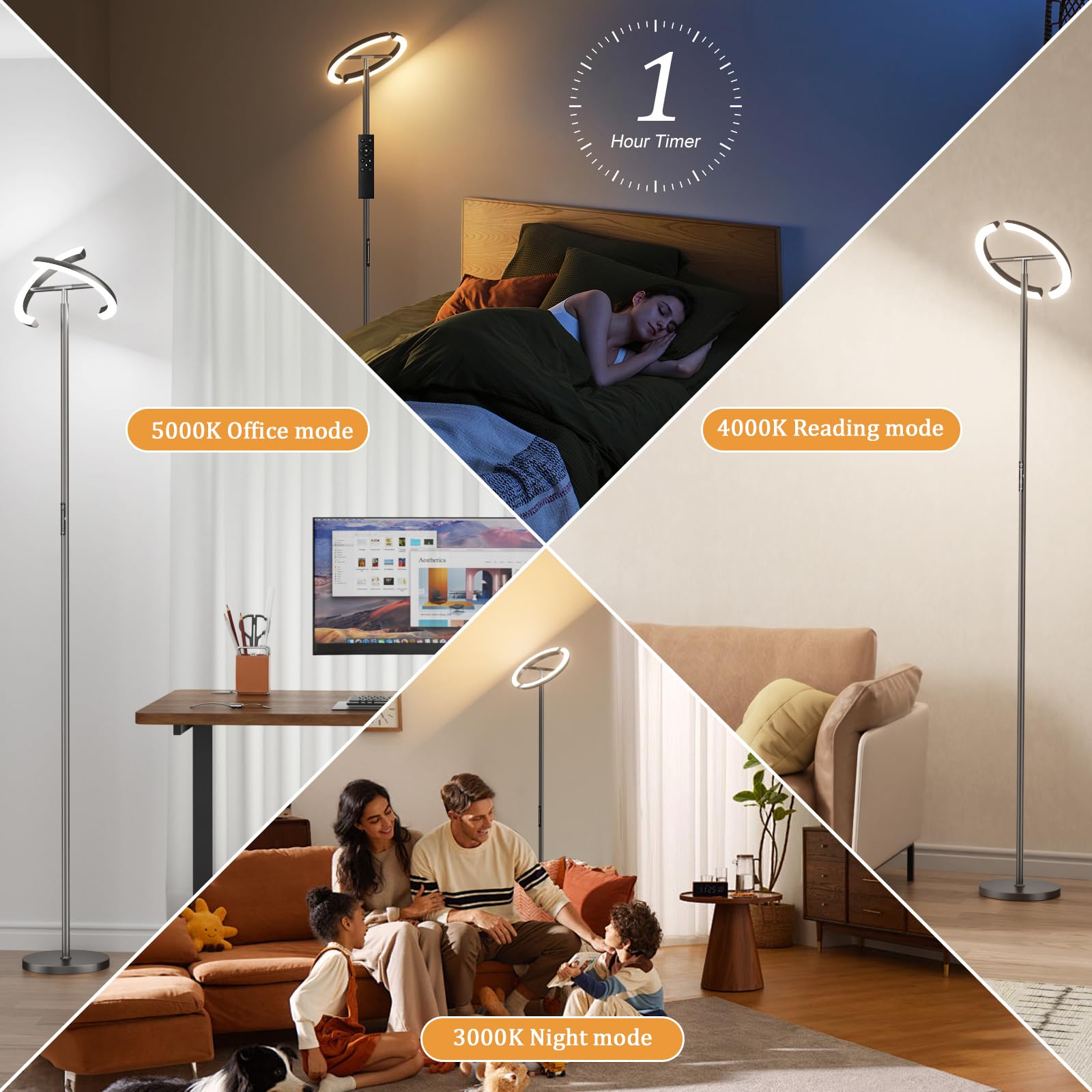 Preeotti Led Floor Lamp - 70'' Tall Modern Standing Lamp With 2 Rotatable Lights, Remote & Touch Control, 24W Bright Stepless Di
