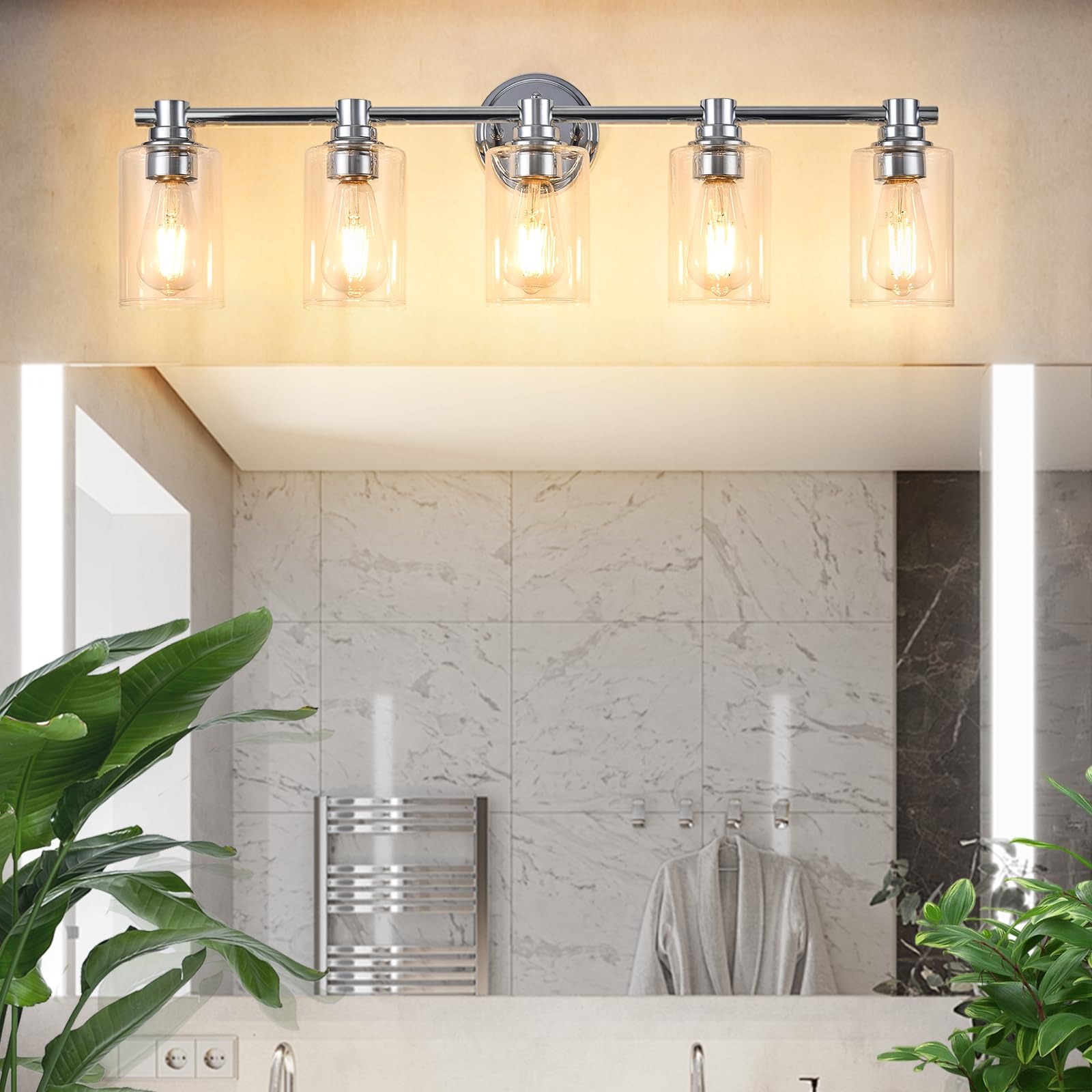 Alaislyc Bathroom Light Fixtures Wall Sconce Light With Clear Glass Chrome 5 Lights Bathroom Lighting Over Mirror Vanity Lights For Living Room,Bedroom,Restroom,Hallway E26 Base