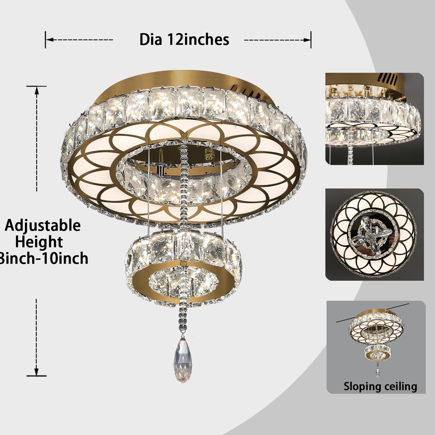 Flashing God Dia 12'' Crystal Mini Chandelier Crystal Gold Ceiling Light Fixtures Led Flush Mount Ceiling Light For Living Room