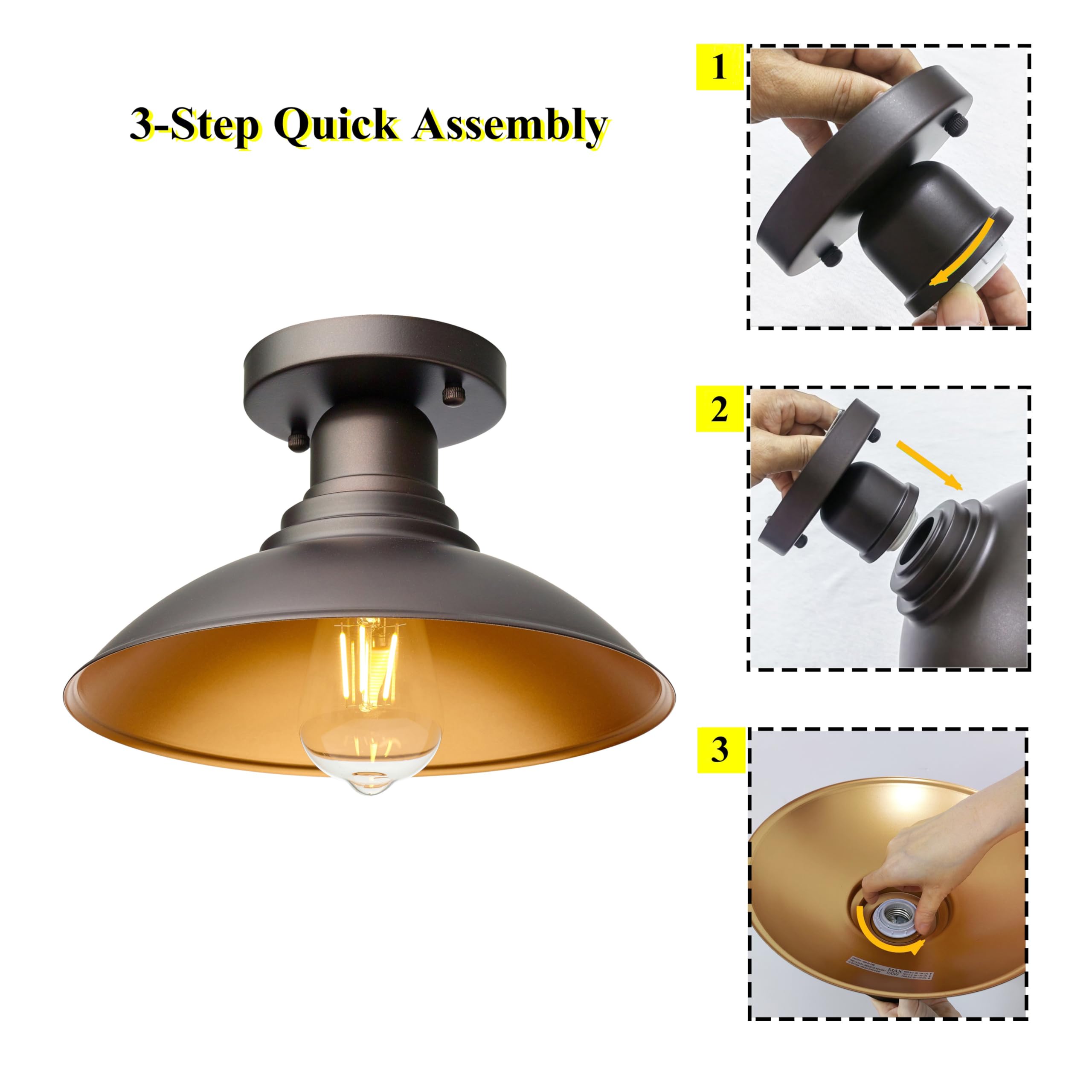 FLALINKO Outdoor Semi Flush Mount Porch Light, 9" Metal Ceiling Light, Oil Rubbed Bronze with Gold Accents, E26 Socket, Model F222003