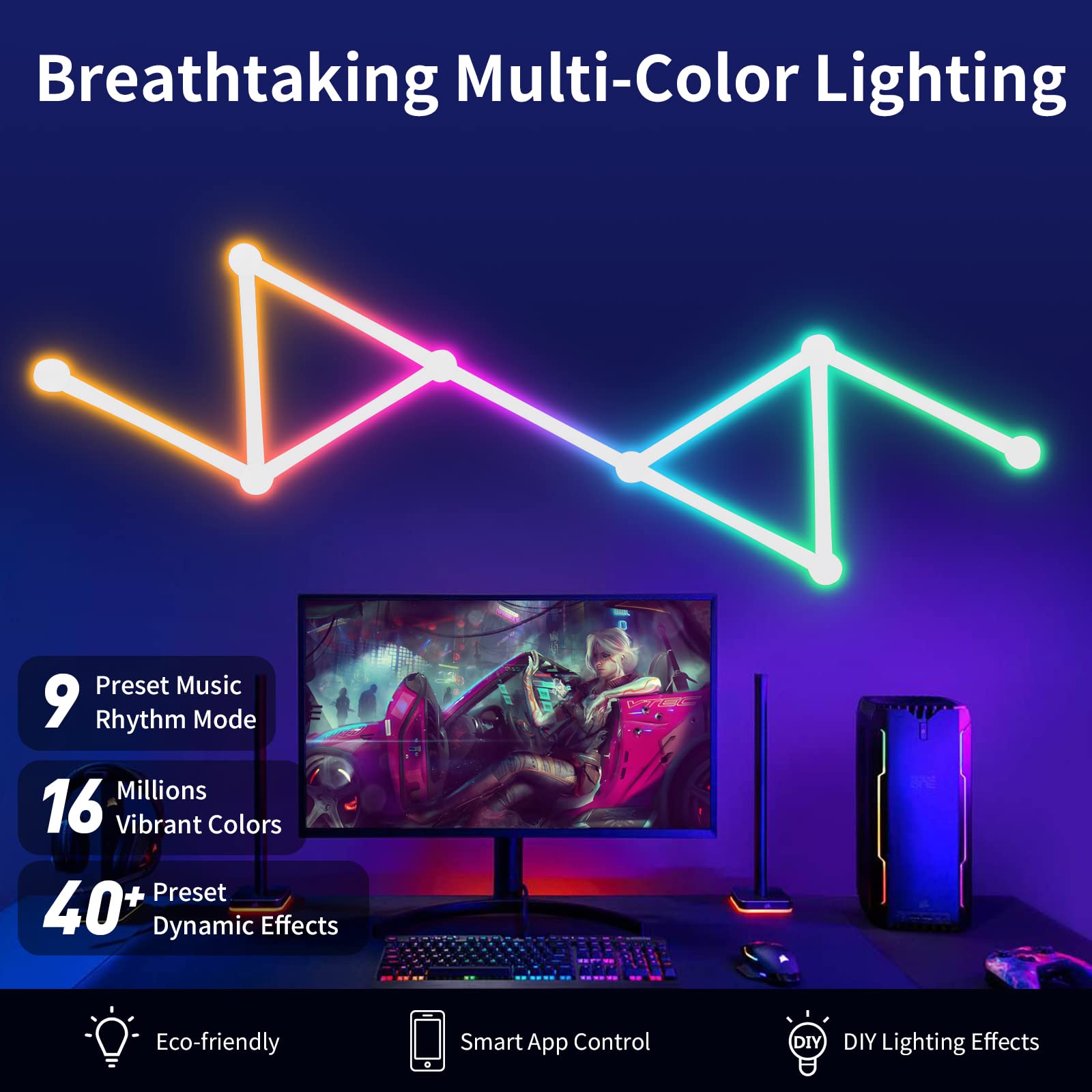 Kobaiban Smart Wifi Rgb Led Wall Light Lines 16M+ Color Led Dimmable Music Sync Gaming Room, Bedroom, Led Home Wall Decor Light