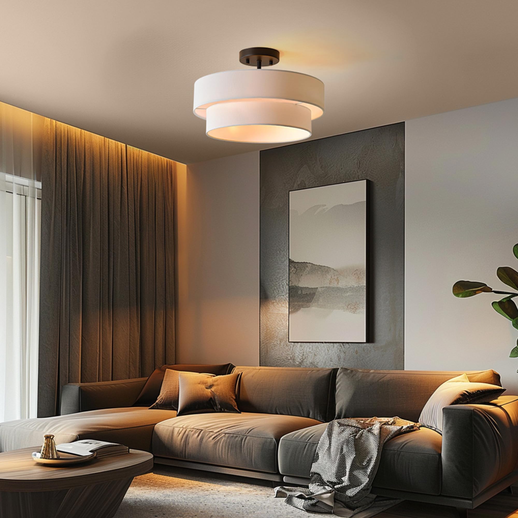 Globe Electric 66000138 2-Light Semi-Flush Mount Ceiling Light, Matte Black, 2-Tier, White Linen Shade, Home Improvement, Dining