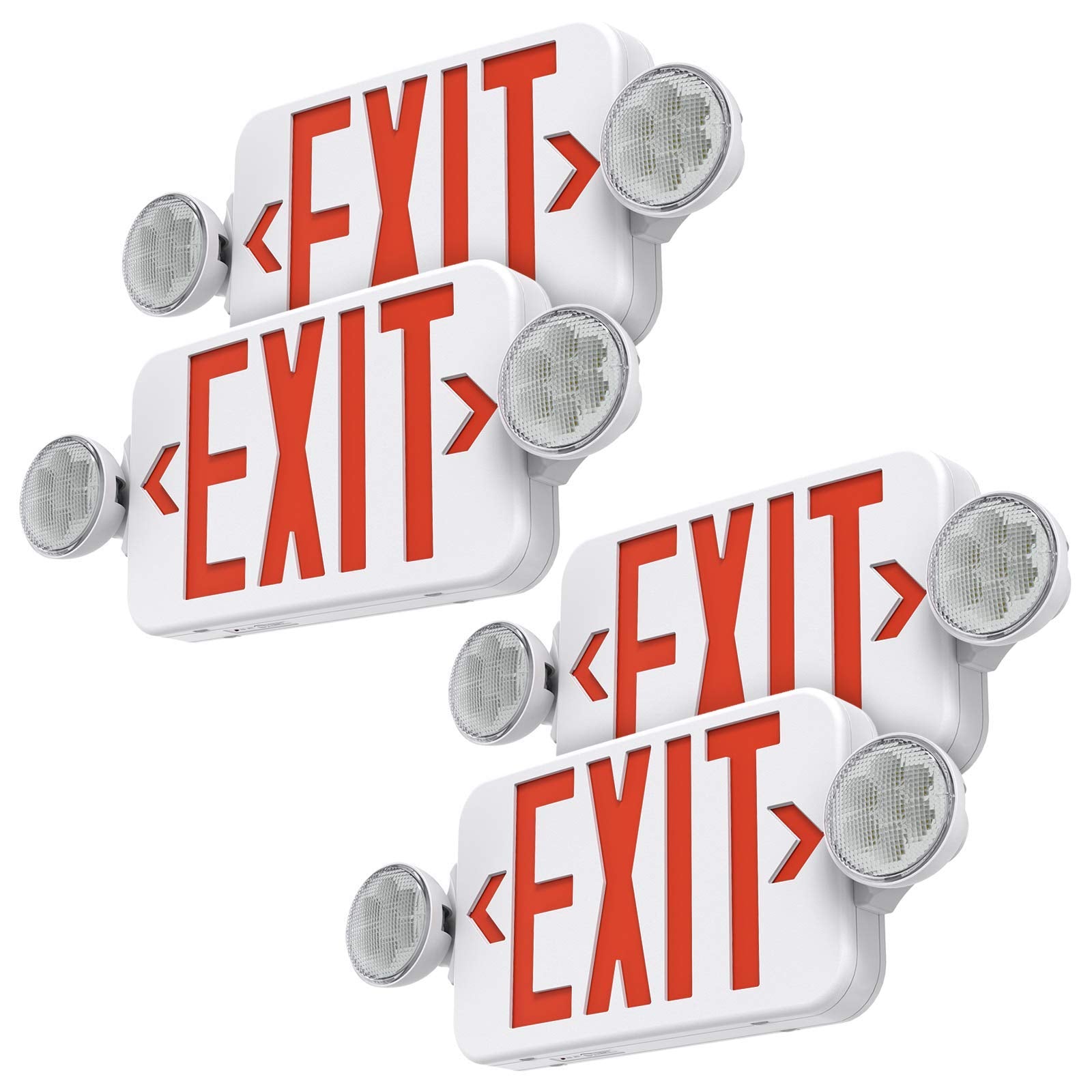 Saselux Red Led Exit Sign Emergency Light Combo Adjustable Two Head, Double Sided And Battery Backup Exit Light, Contractor Select, Ac 120/277V (4 Pack)
