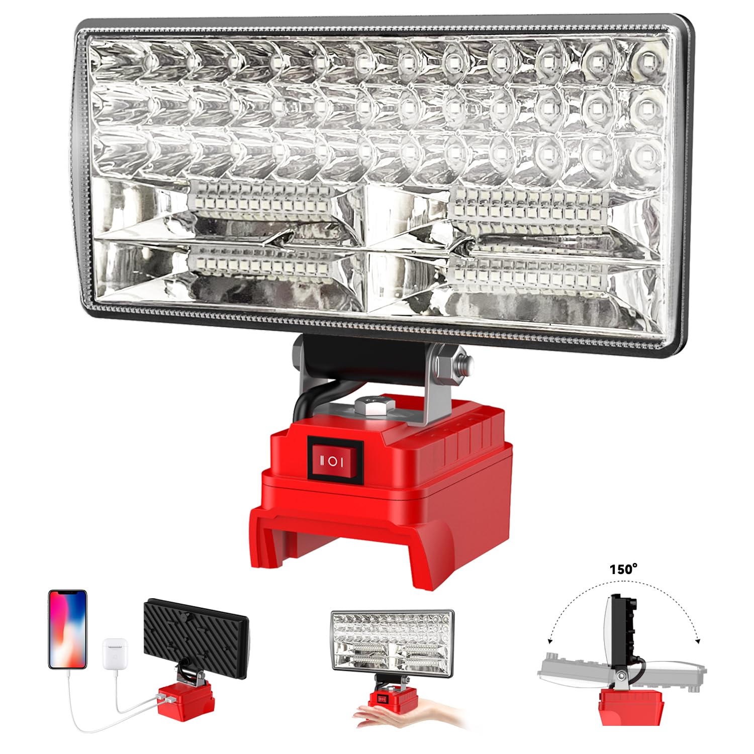 8'' Cordless LED Work Light for Milwaukee M18 Battery, Two Levels Adjustable FloodLight up to 90W 5400 Lumens with USB Charging 