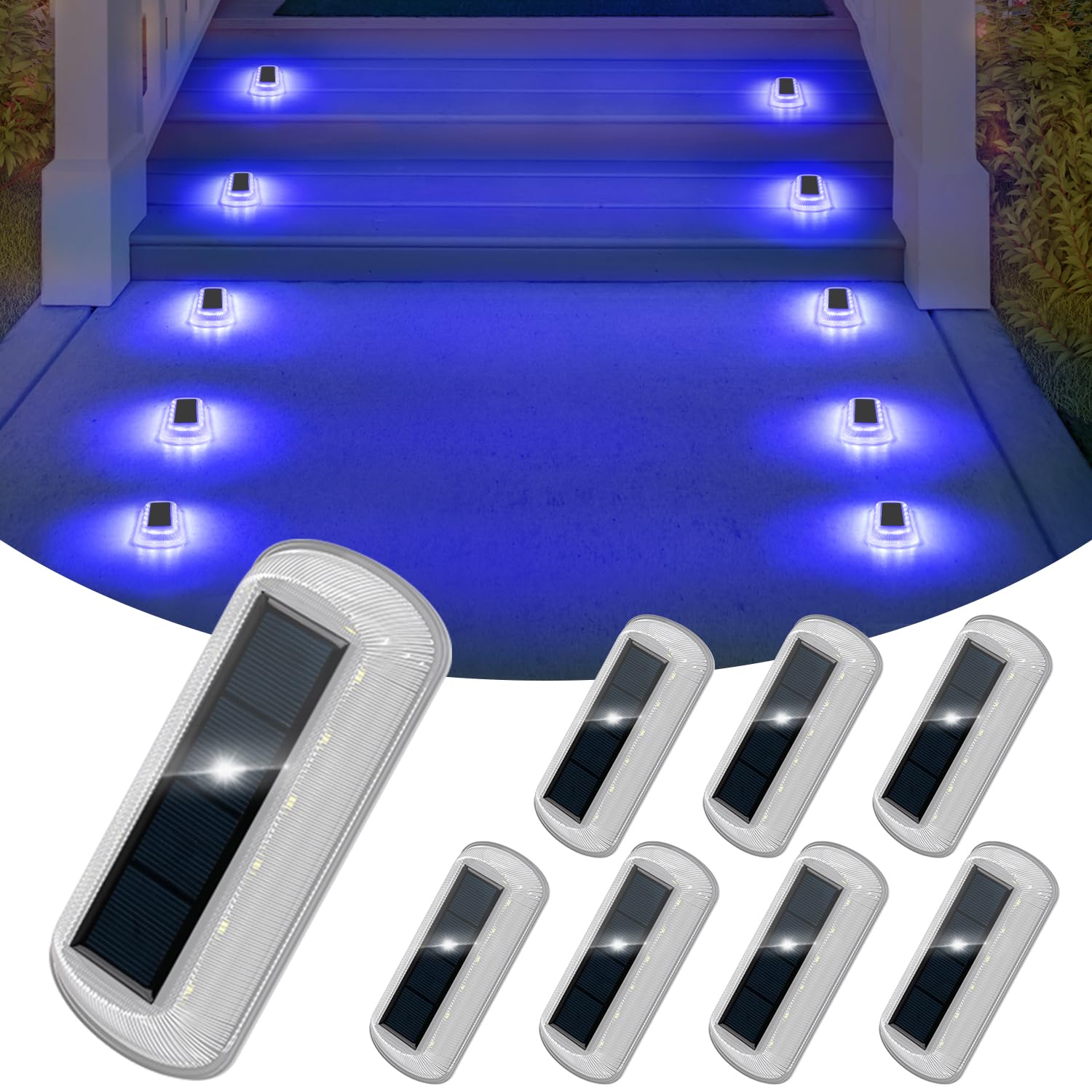 T-SUN Solar Step Lights for Outside 8 Pack Solar Stair Light Blue Deck Lights Waterproof Pathway Lights,Outdoor Light Powered fo
