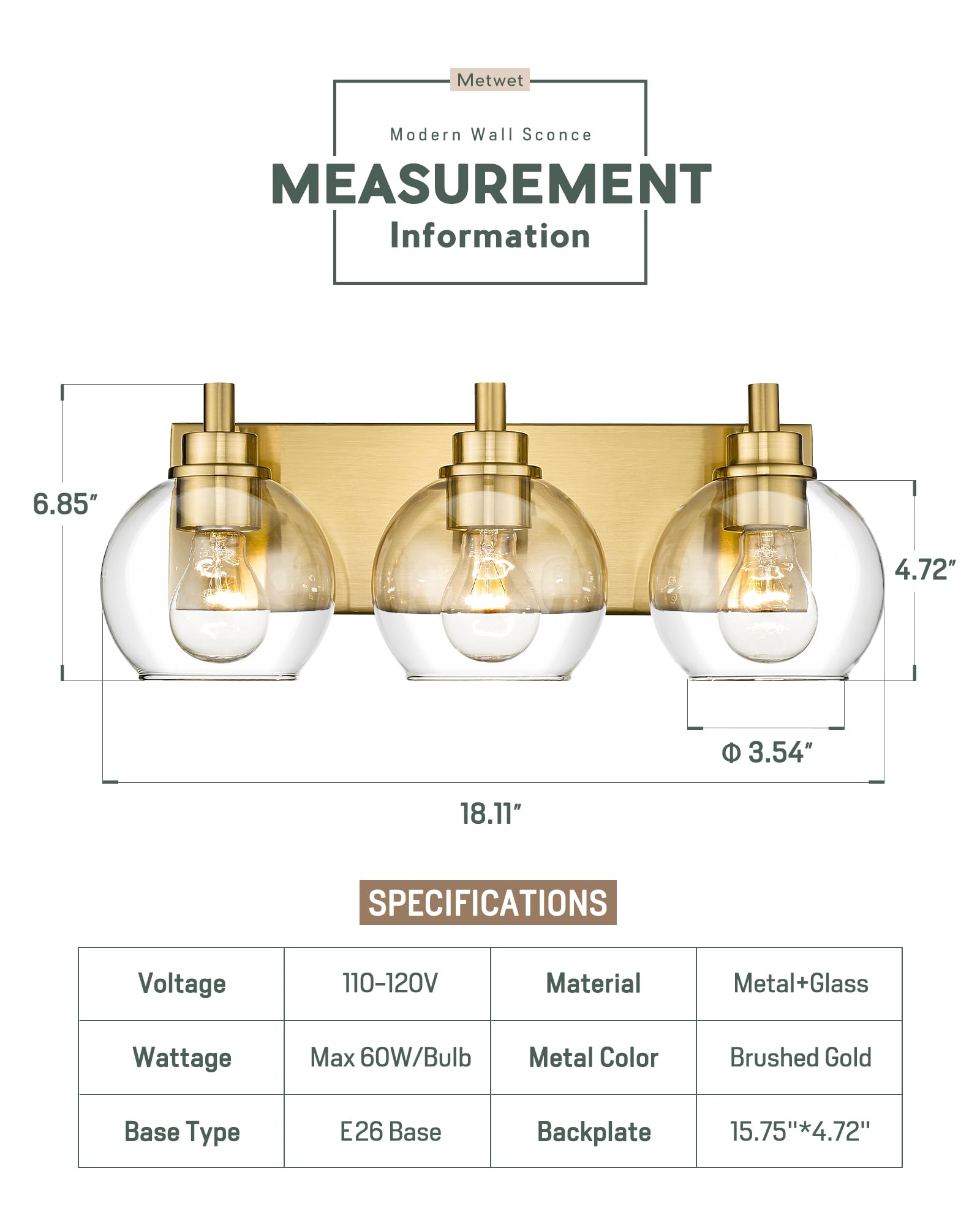 Metwet Bathroom Light Fixtures, 3-Light Brushed Gold Vanity Light, Modern Wall Sconces With Clear Glass Globe Shade, Bathroom Wa
