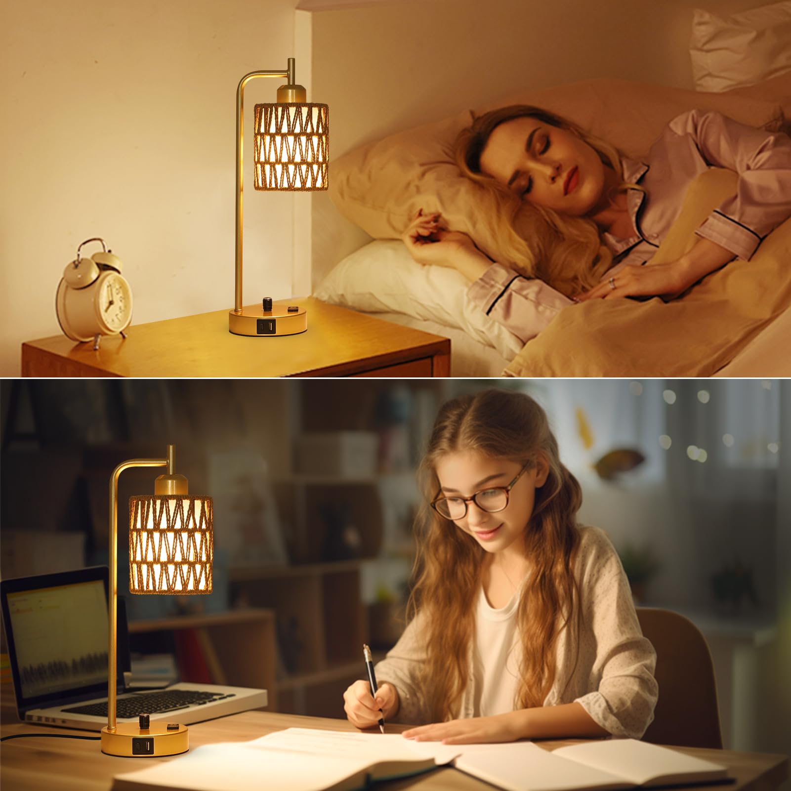 Stepeak Boho Gold Lamp For Bedroom, Small Rattan Table Lamp With Led Bulb, Nightstand Bedside Lamp With Wicker Shade, Usb Chargi