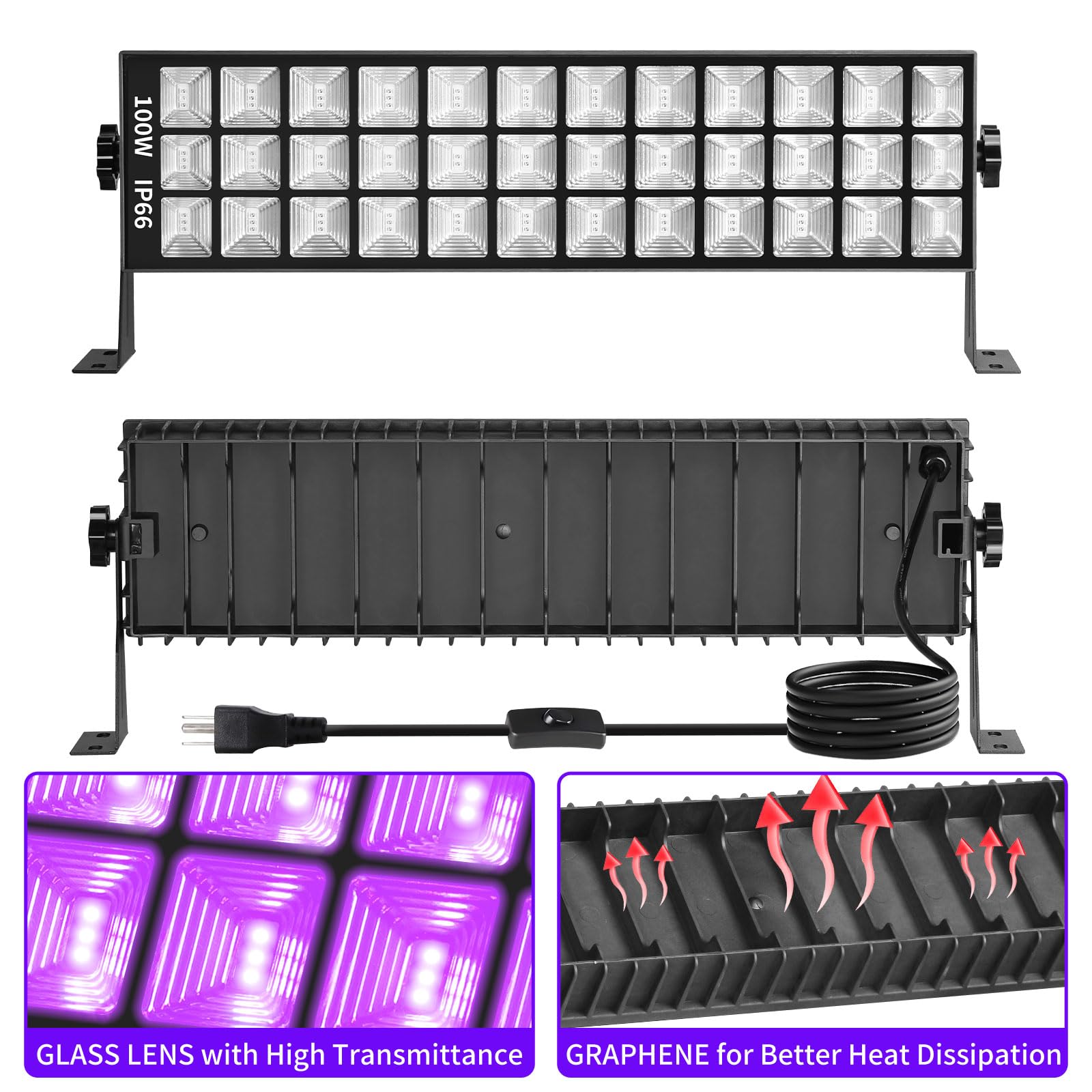 ISUERFY 100W Black Light Bar IP66 Waterproof LED, 1 Count, Purple, Model SUER-FL100W-1Pack, Indoor/Outdoor Use, 6ft Cord