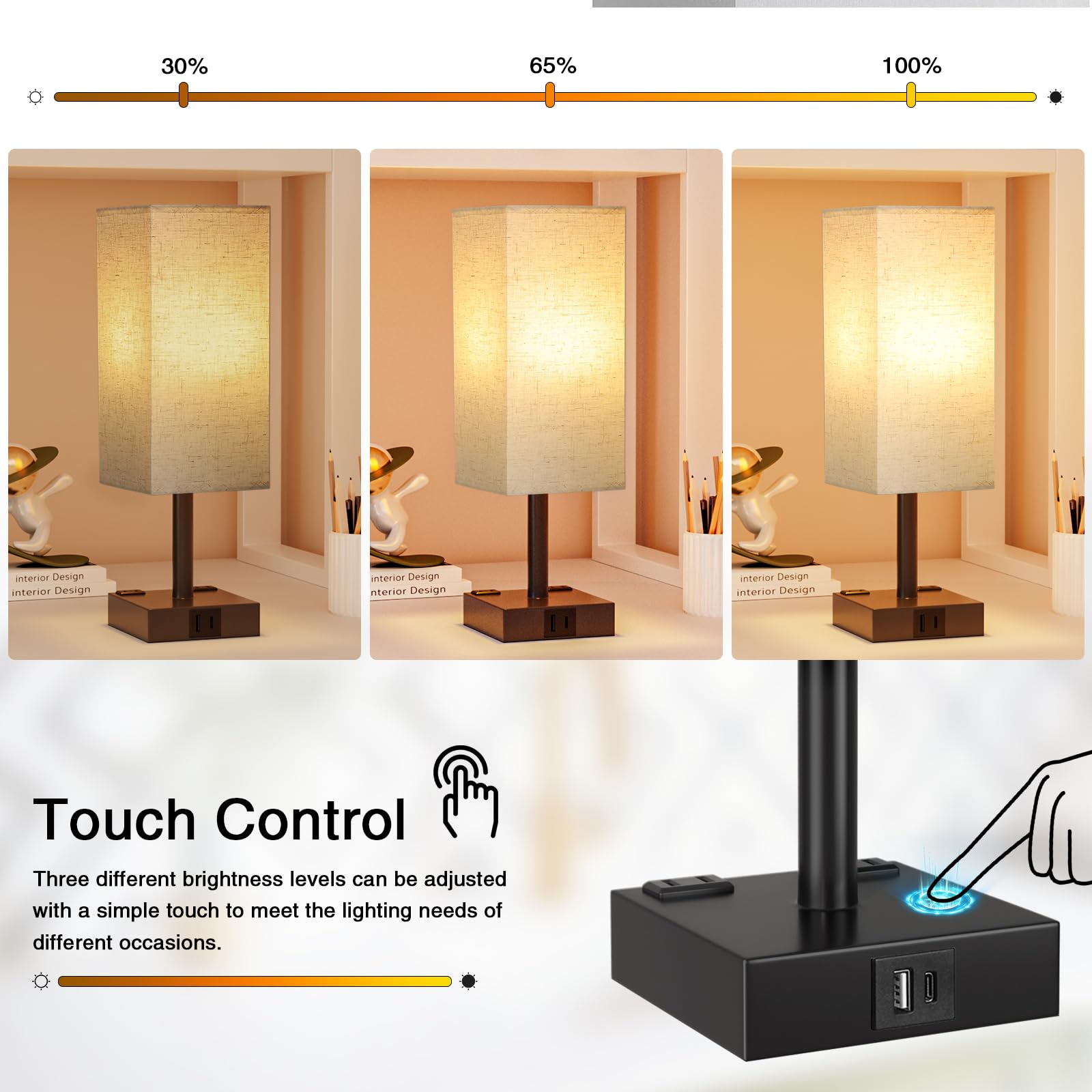 aooshine Touch Bedside Table Lamp - 3-Way Dimmable, USB A & Type C Ports, 14in Beige, Metal, Model 3-11