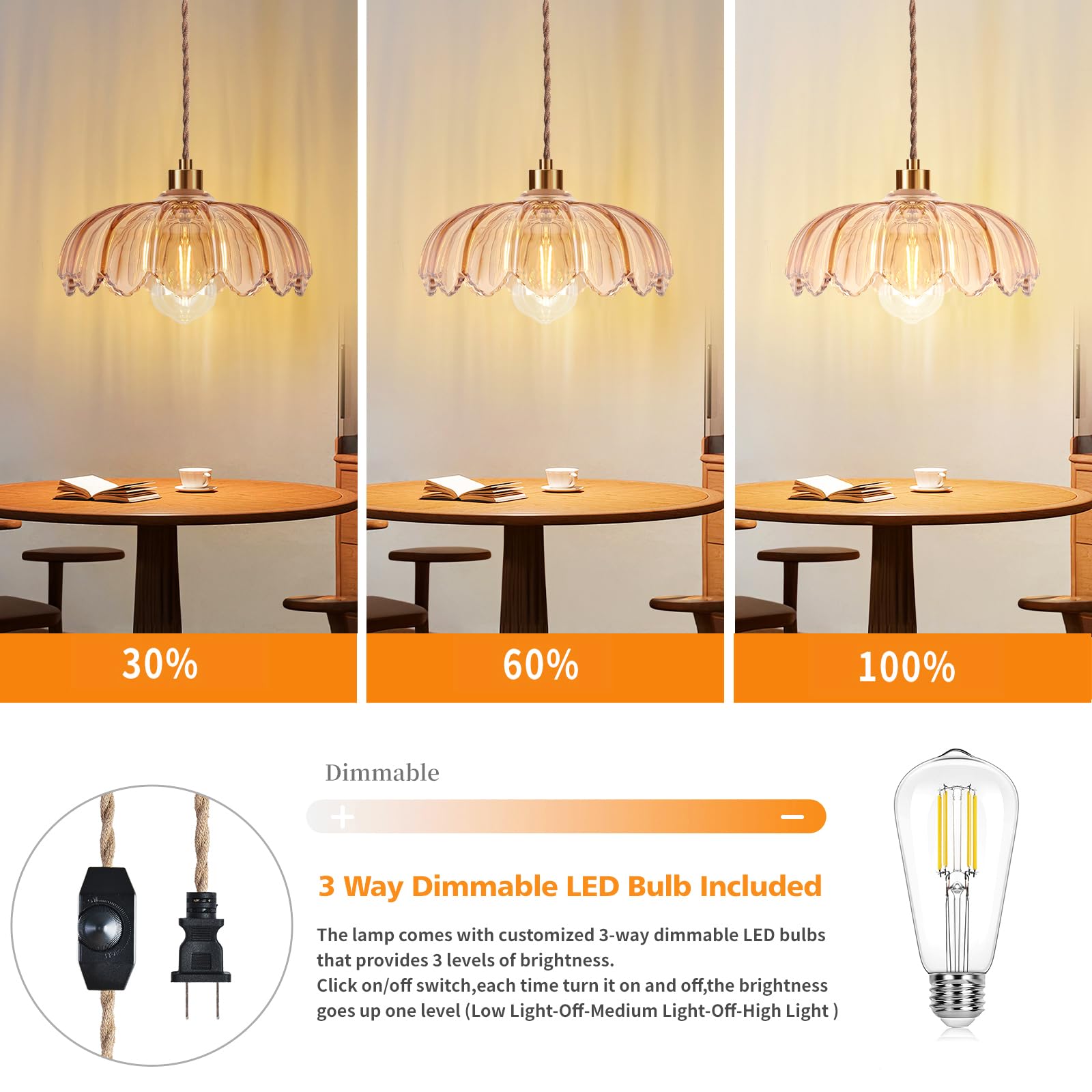 QIYIZM Pendant Light Amber Glass Mid Century Modern Dimmable Chandelier 11in Green