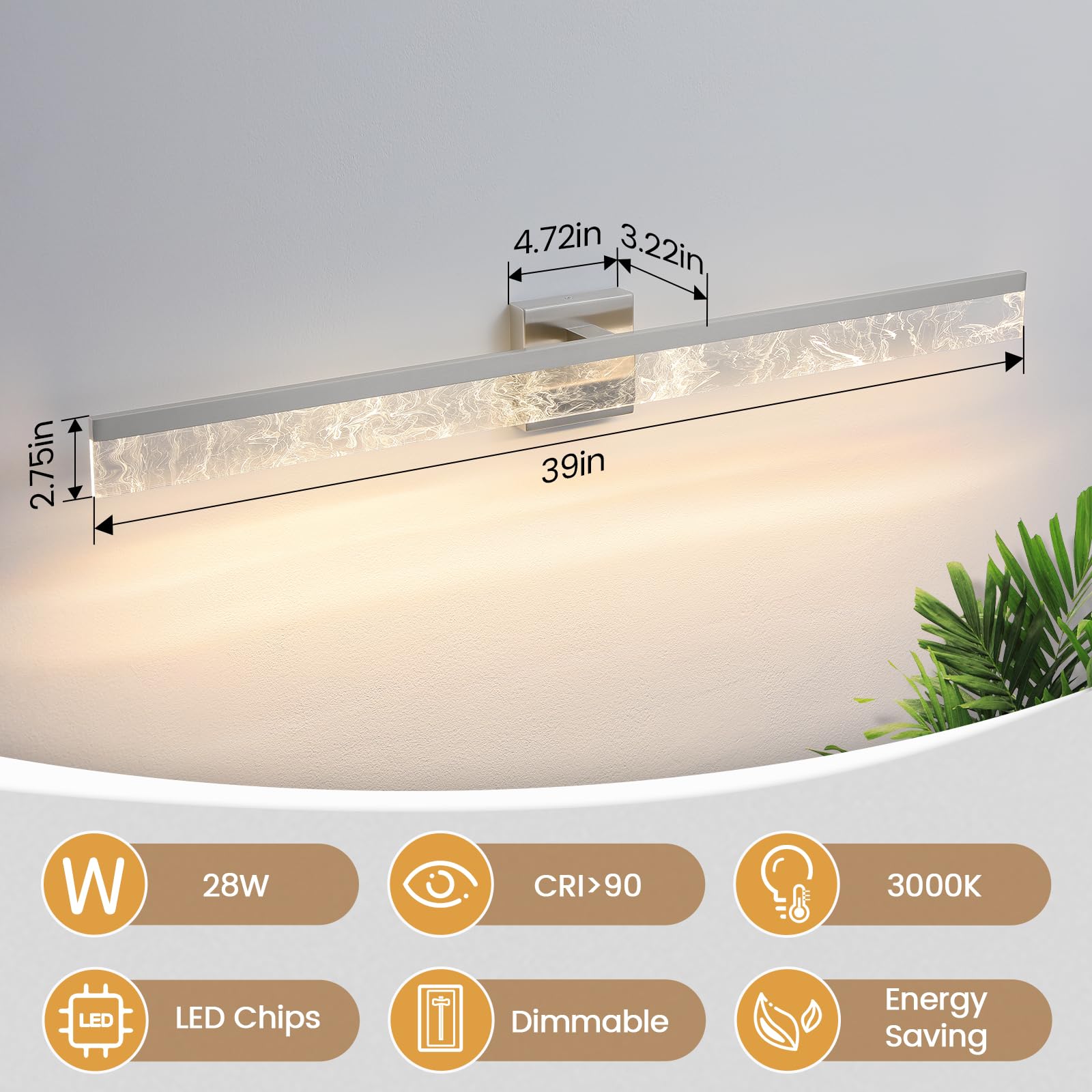 AIJIASI 39 Inch Vanity Light Fixture, 28W Dimmable LED, Modern Wall Mount, Brushed Nickel, Model 8205WL-39SN-US