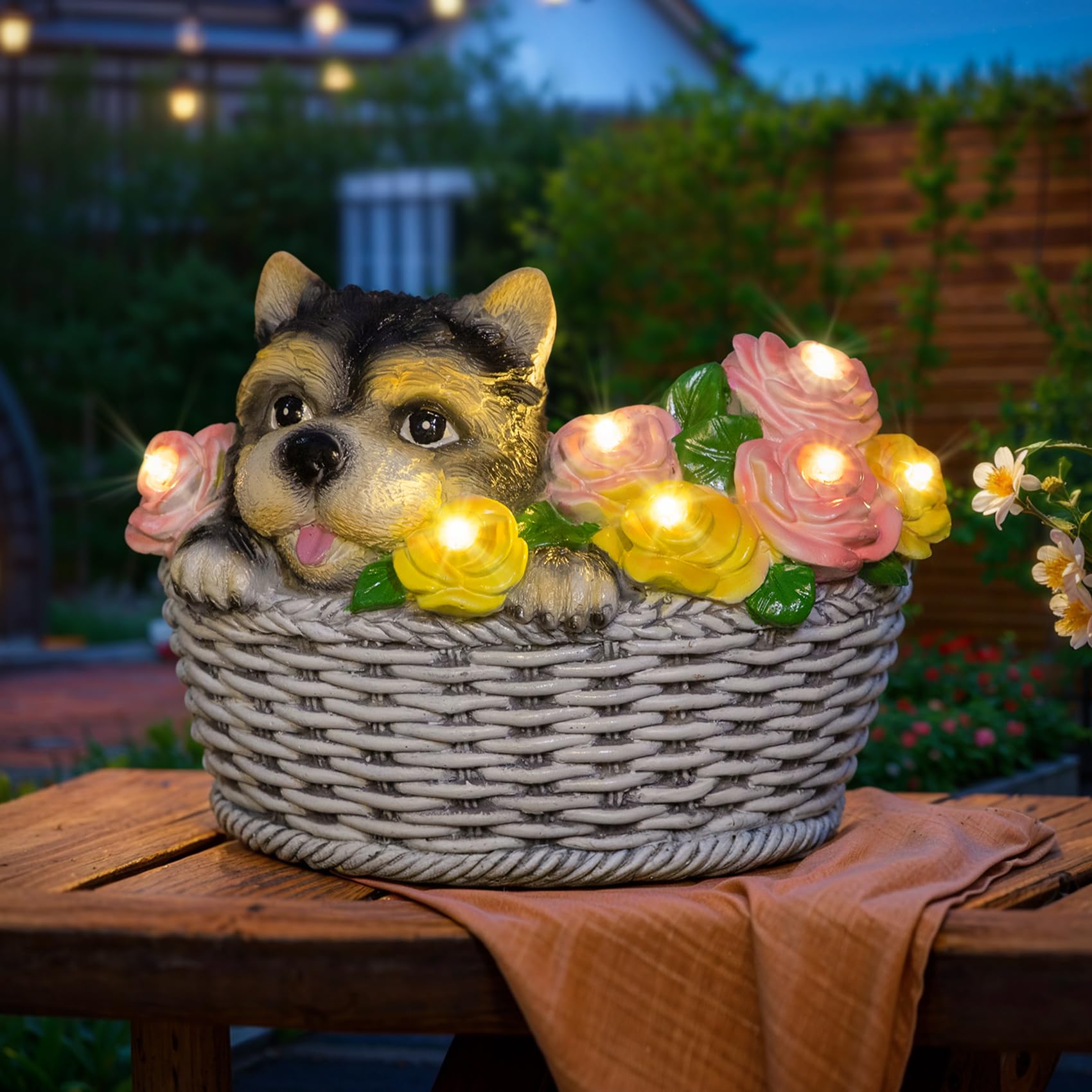 HOMEIMPRO Solar Garden Decor Statues, 8LED Lights, Resin, Multicolor Dog Design, Model DOG0024