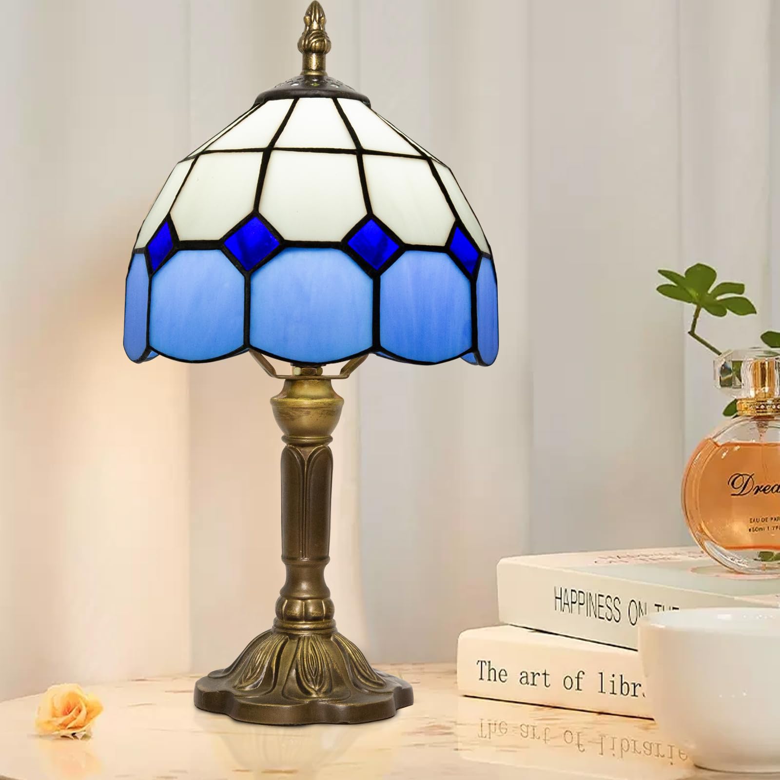 Ppbmocw Stained Glass Lamp,8X14 inches Small Tiffany Lamp for Bedside,Antique Office,Living Room (B Blue Grid)