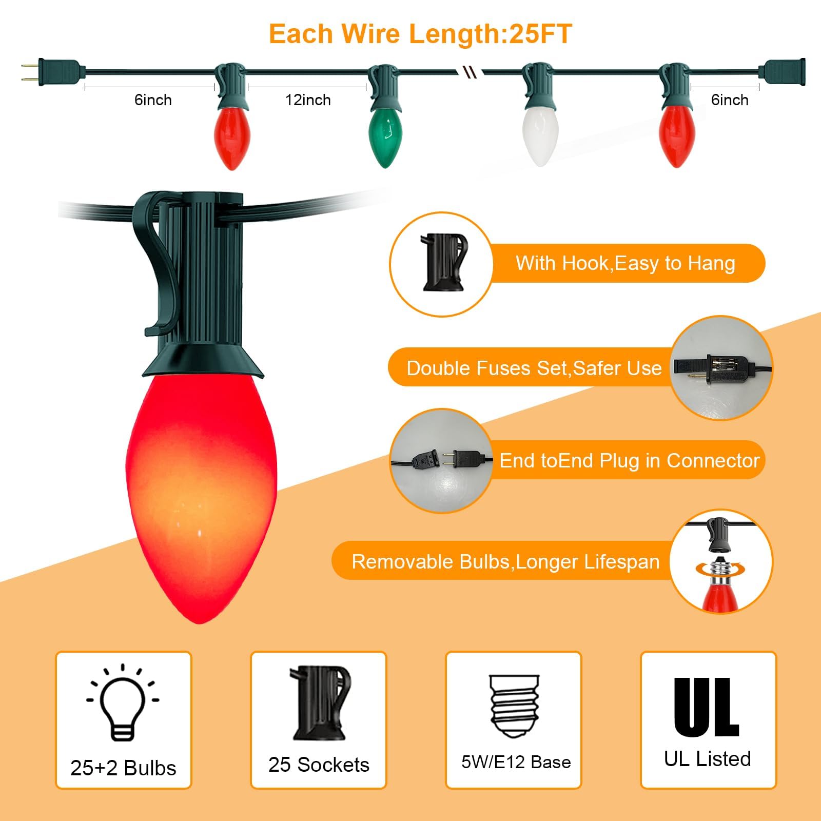 25Ft C7 Led Christmas Multicolor String Lights With 27 Red Green White Led Bulbs, Outdoor Hanging Vintage Christmas Lights Water