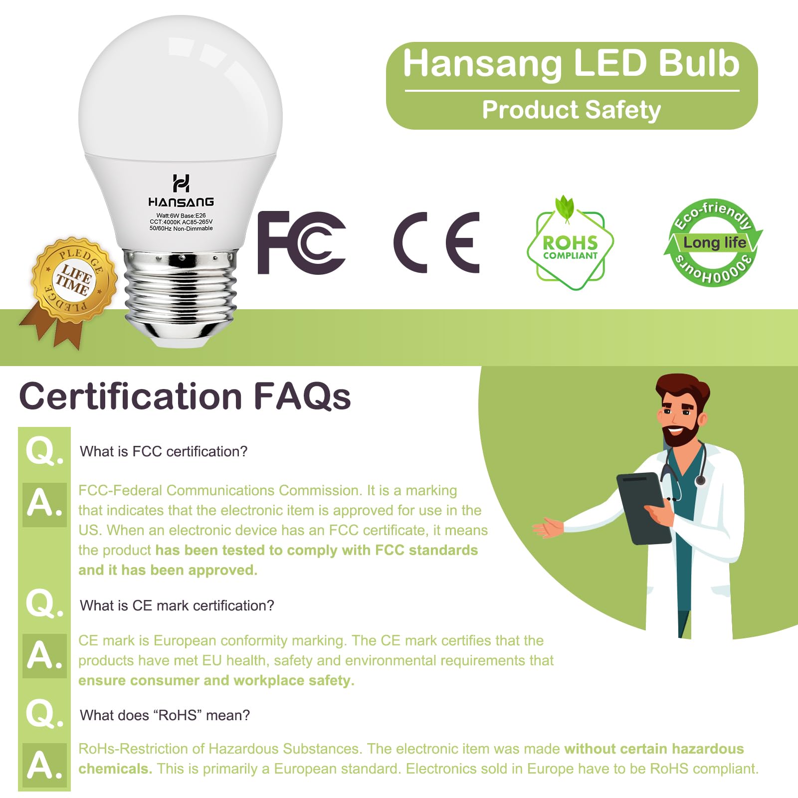 Hansang E26 Ceiling Fan Light Bulbs, 4000K Natural Daylight, 60 Watts Equivalent, A15 Led Small Light Bulb, E26 Standard Base Re