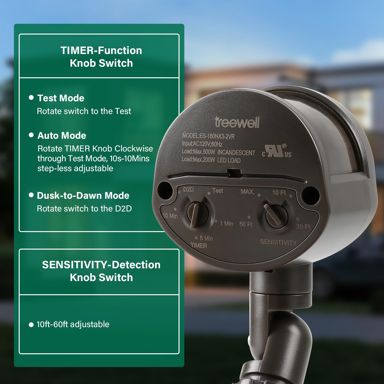 treewell Motion Sensor 180° Adjustable Detection 60ft Range Brown TMD180A UL Listed