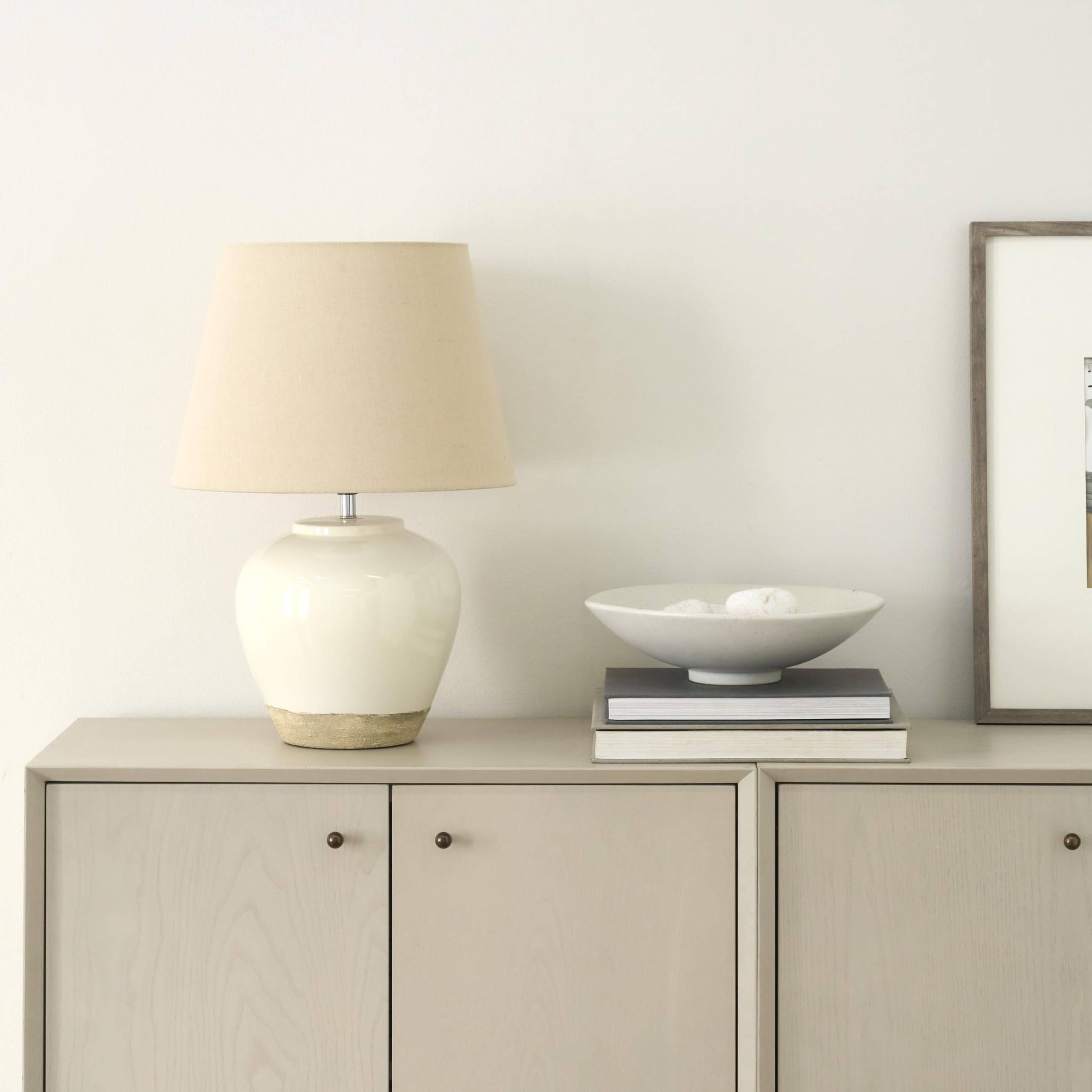 Nourison 20 White/Sand Ceramic Pot Table Lamp for Bedroom, Living Room, Console, Entryway - Farmhouse Style, Single