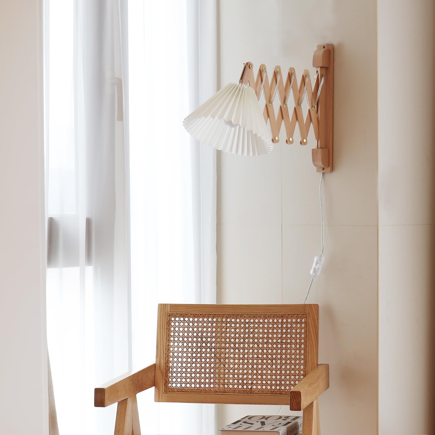 PEAUARL Swing Arm Wall Sconce, Burlywood Wood, Plug-in, On/Off Switch, Model PWLBB, Ideal for Bedroom & Living Room Reading