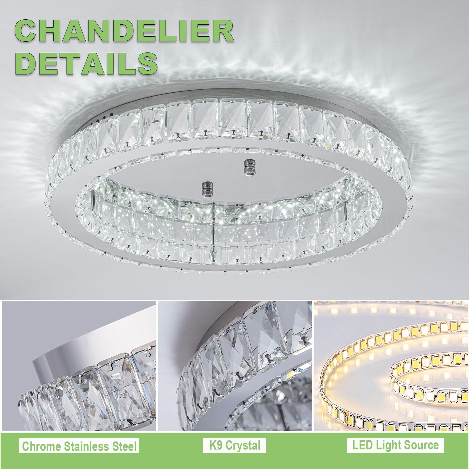 HOPGGIE 18" Crystal Chandelier - Dimmable LED Flush Mount Light, Modern Round Design for Living Room, Bedroom, Dining Room