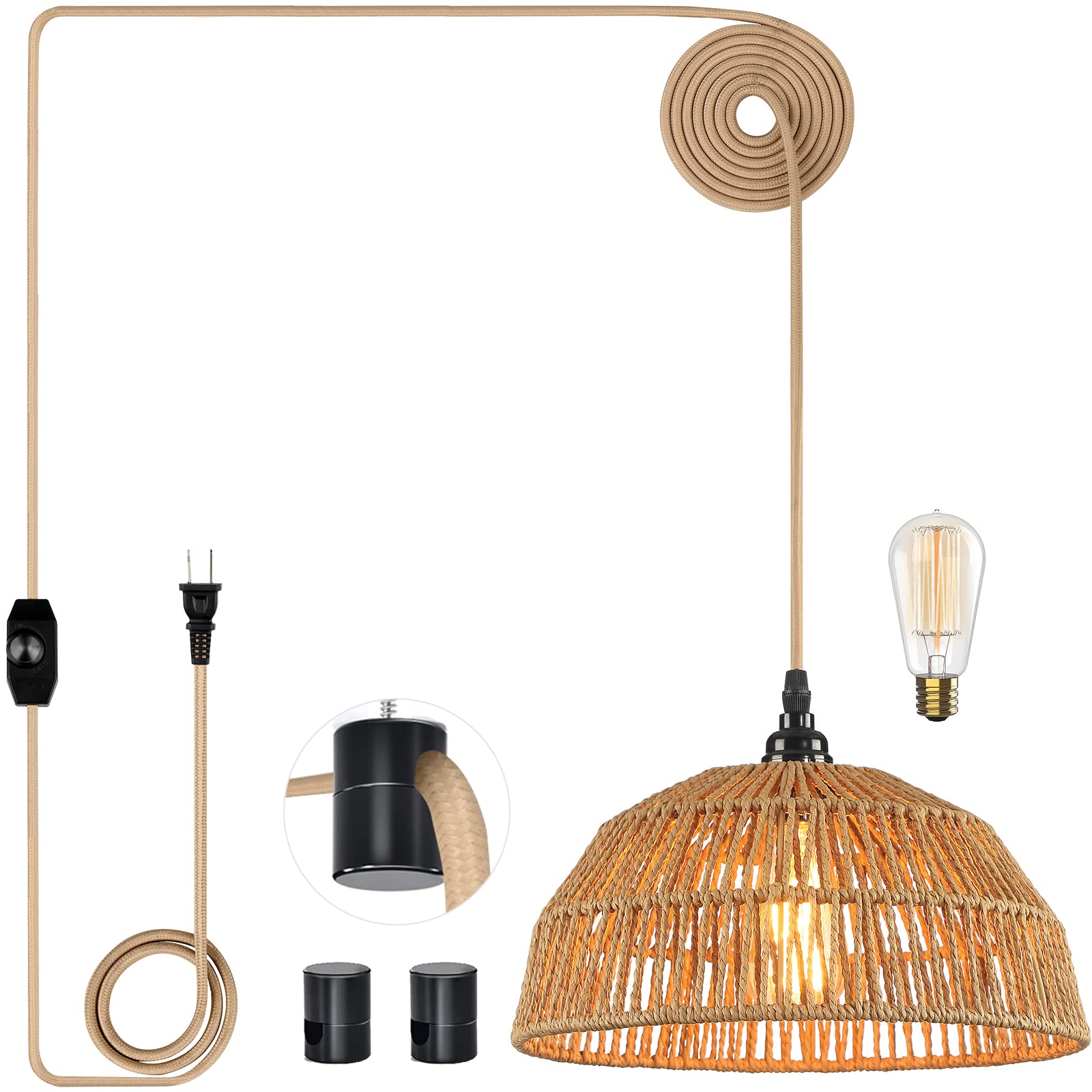 Plug in Pendant Light, Hanging Lights with 15ft Golden Cotton Cord & Stepless Dimming Switch, Handwoven Hemp Rope Lampshade, Boh