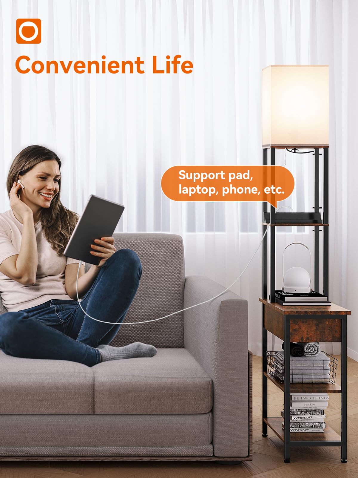 Addlon Floor Lamp With 2 Usb, 1 Outlet And Flip-Top Storage Cabinet, 3Cct Led Bulb, Sofa Lamp With White Lampshade, Display Floo