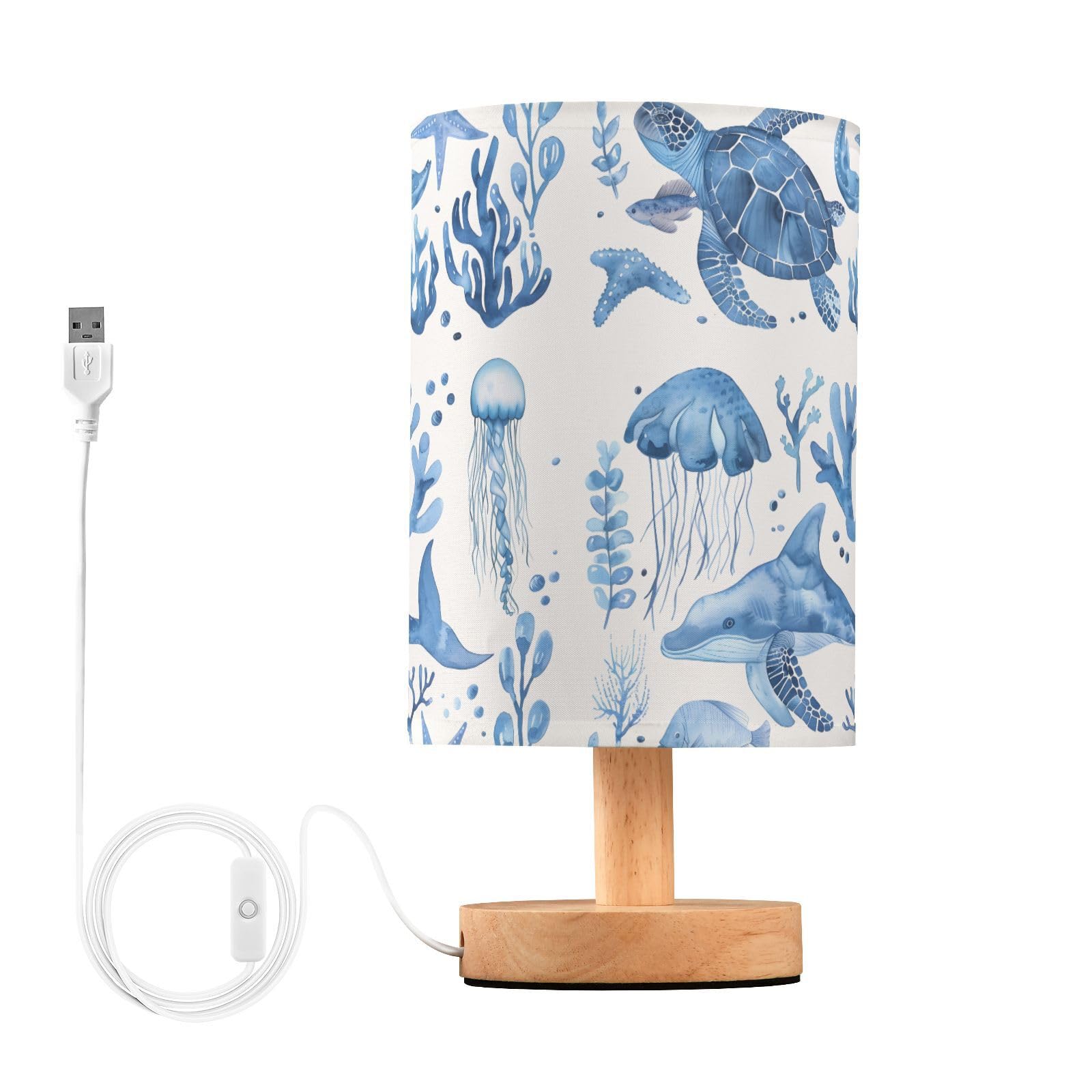 MFTJYO Bedside Table Lamp Fish Turtle Whale Coral Table Lamp for Bedroom Nightstand Lamp with USB Port LED Desk Lamp Shade Livin