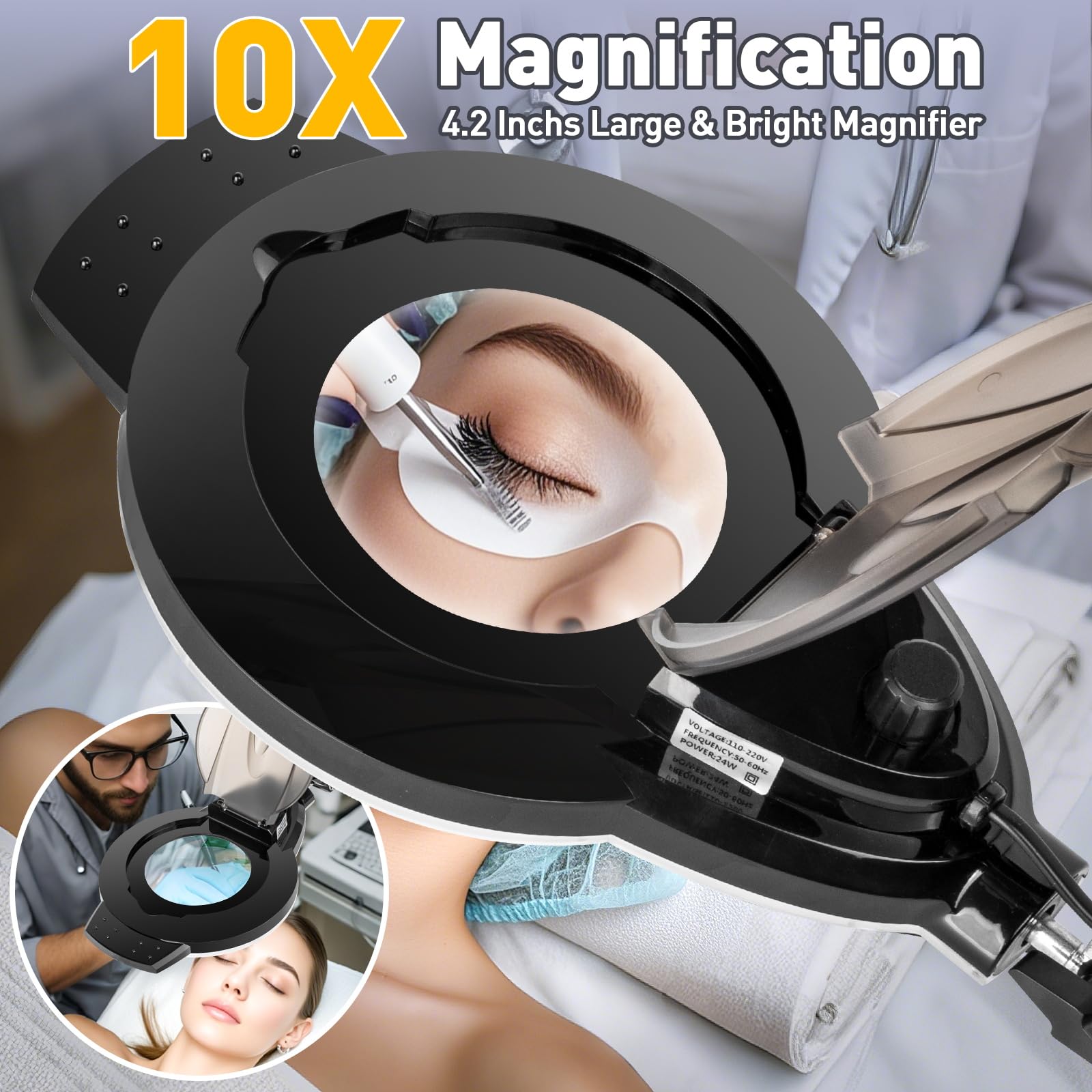 NUEYiO 10X Magnifying Glass Floor Lamp, 2200 Lumens Dimmable, Black, 5 Wheels Rolling Base, Ideal for Estheticians and Crafts