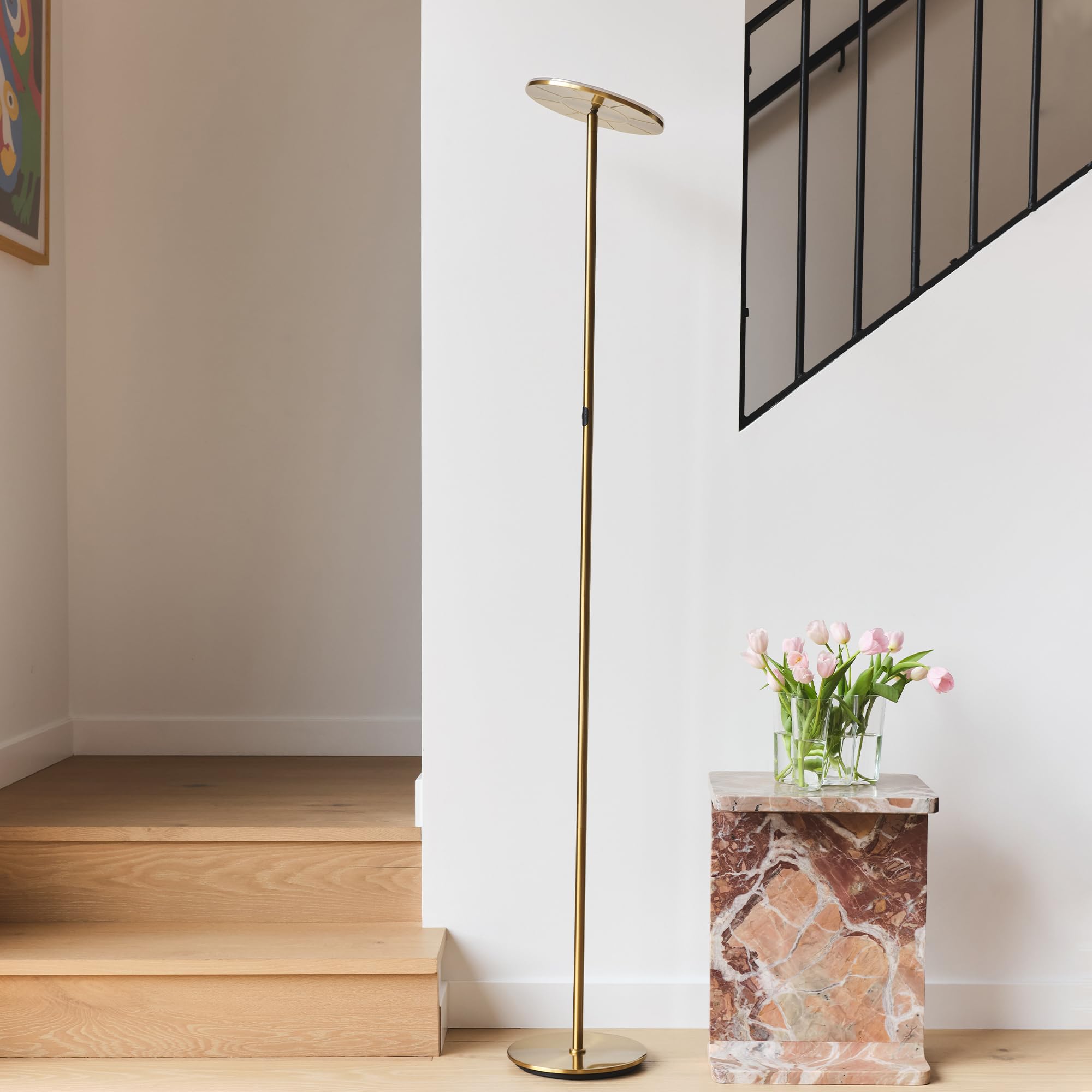 Brightech LED Floor Lamp - Dimmable Torchiere for Living Rooms & Offices - Antique Brass - Model SKY