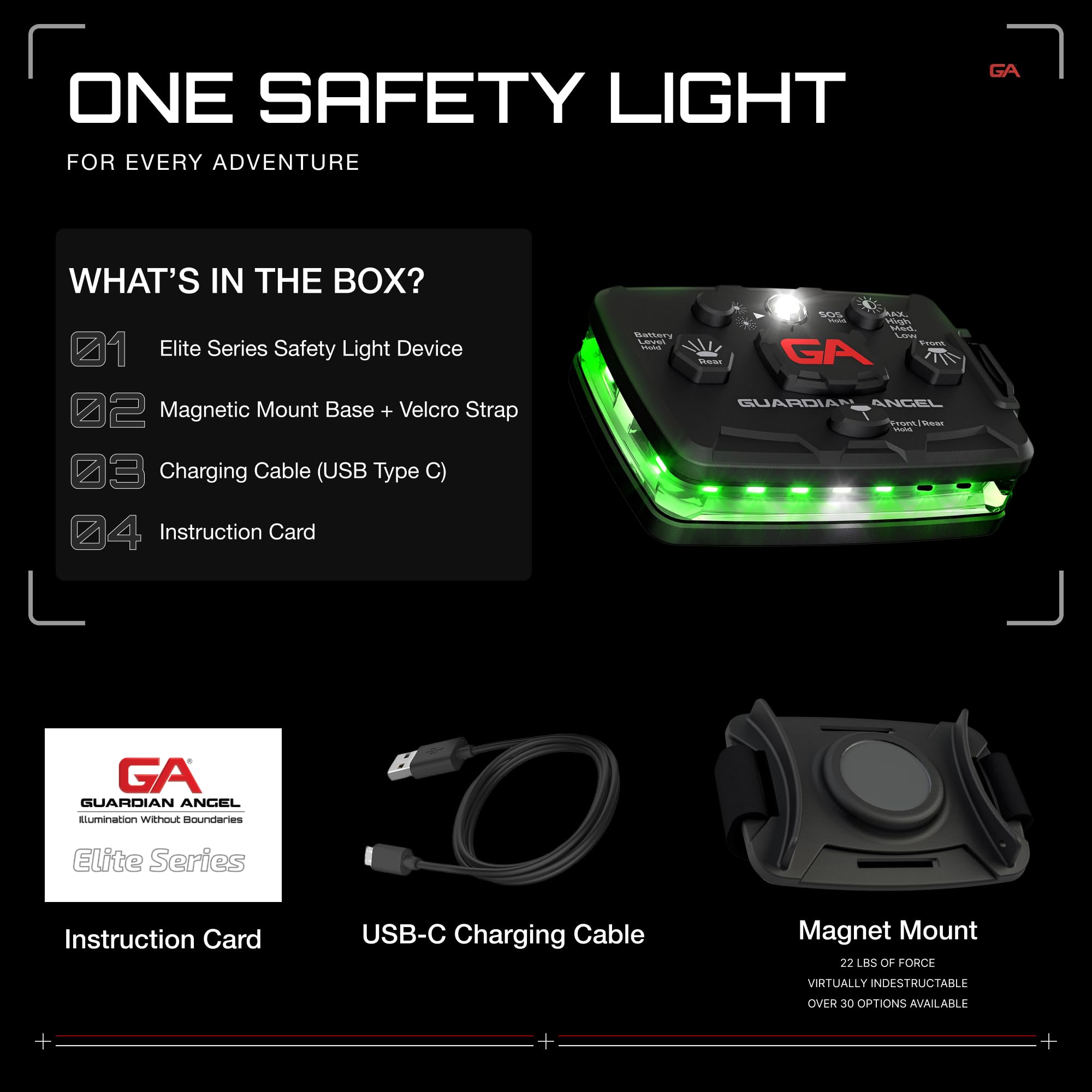 Guardian Angel Elite Series Safety Light, Beacon Device (Green Front & Green Rear) Rechargeable, Magnetic, Hands-Free Wearable,