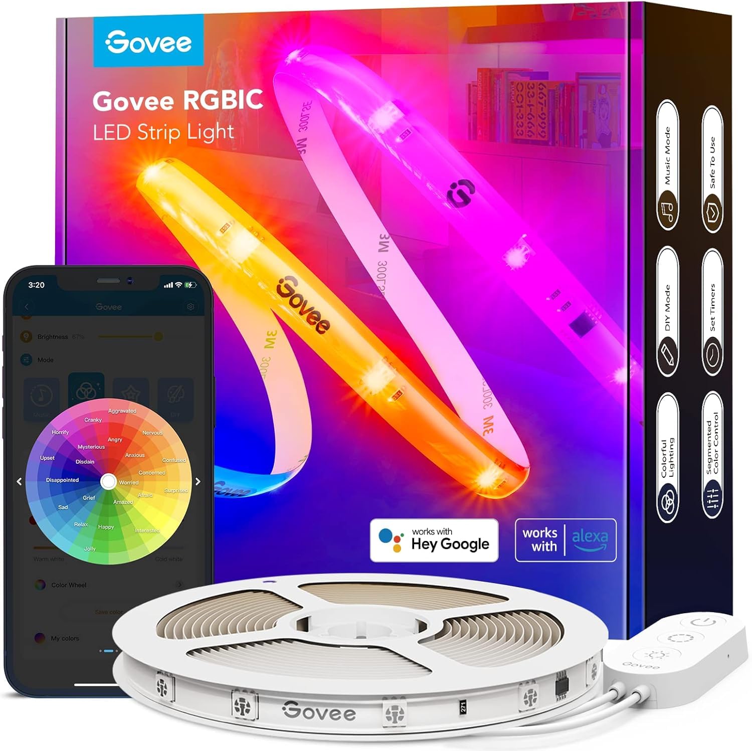 Govee RGBIC LED Strip Lights, 32.8ft, WiFi, Alexa & Google Assistant Compatible, Plastic, White, Model H619C