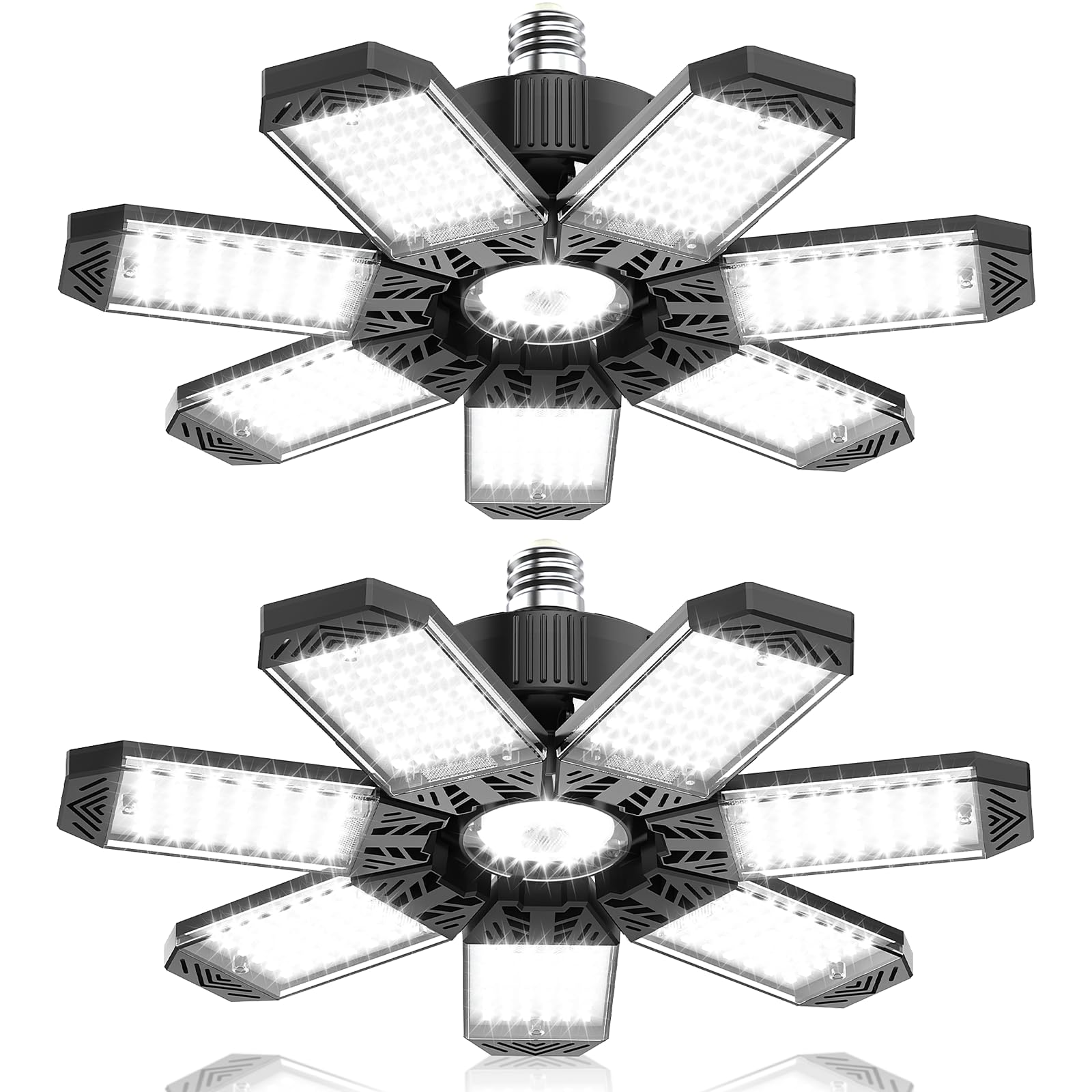 HAPYLUMI LED Garage Light 200W, 2 Pack 20000LM Bright Garage Lights Ceiling Led with 7 Adjustable Panels, 6500K Garage Lighting 