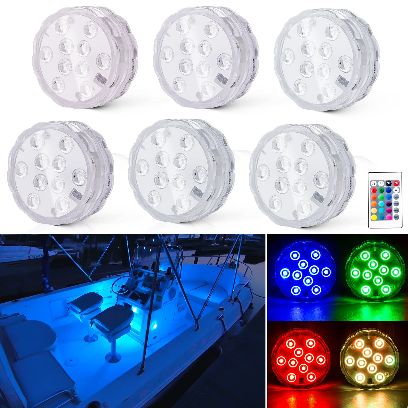 Shangyuan Boat Lights Wireless RGB - Battery Powered Marine LED Interior Light, 6PCS, Remote Control, Multi Color, for Kayak & Pontoon
