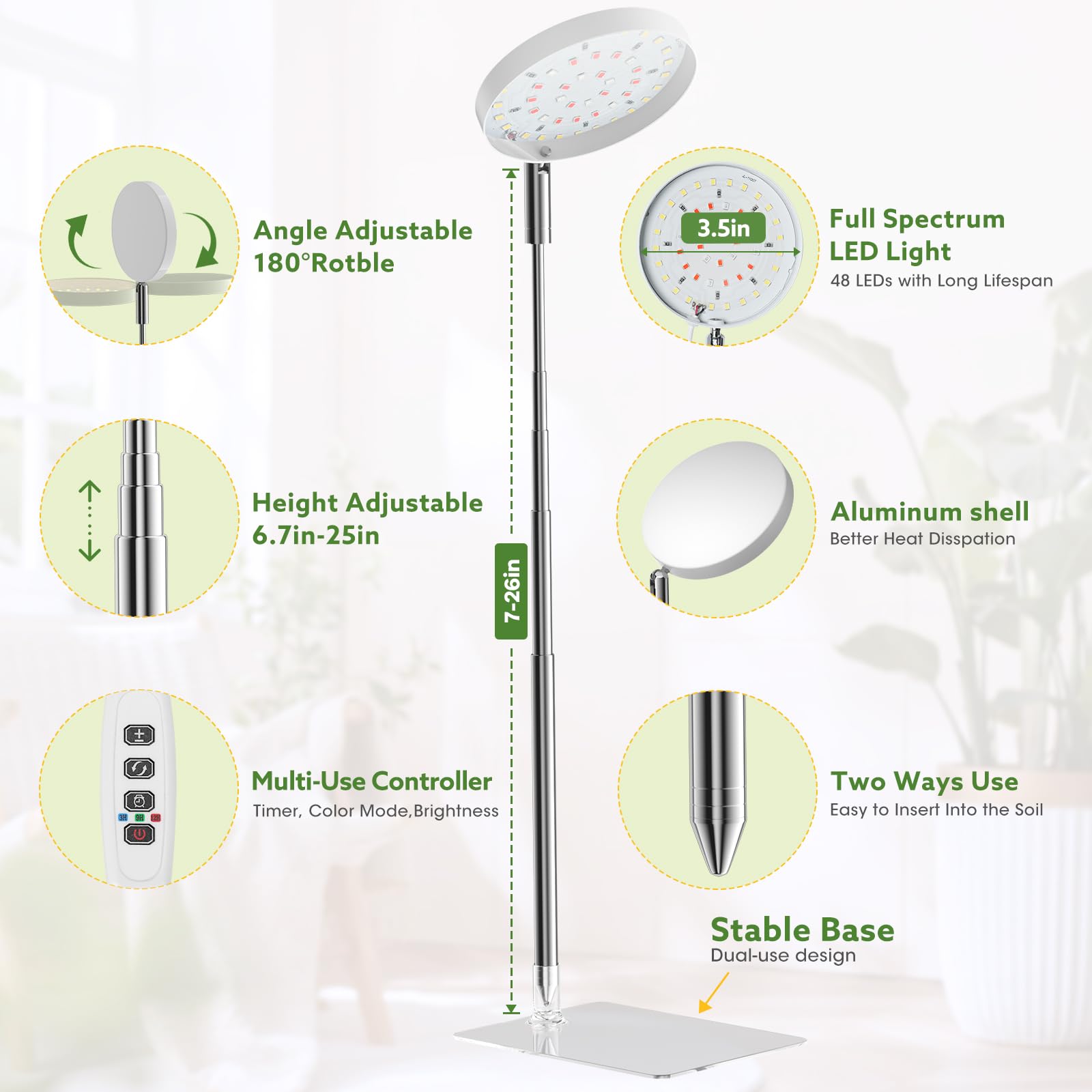 YUYMIKA Grow Lights for Indoor Plants, Full Spectrum, 48 LEDs, 3 Spectrums, 10 Brightness Levels, Adjustable 7in-26in, White, Model UK-208