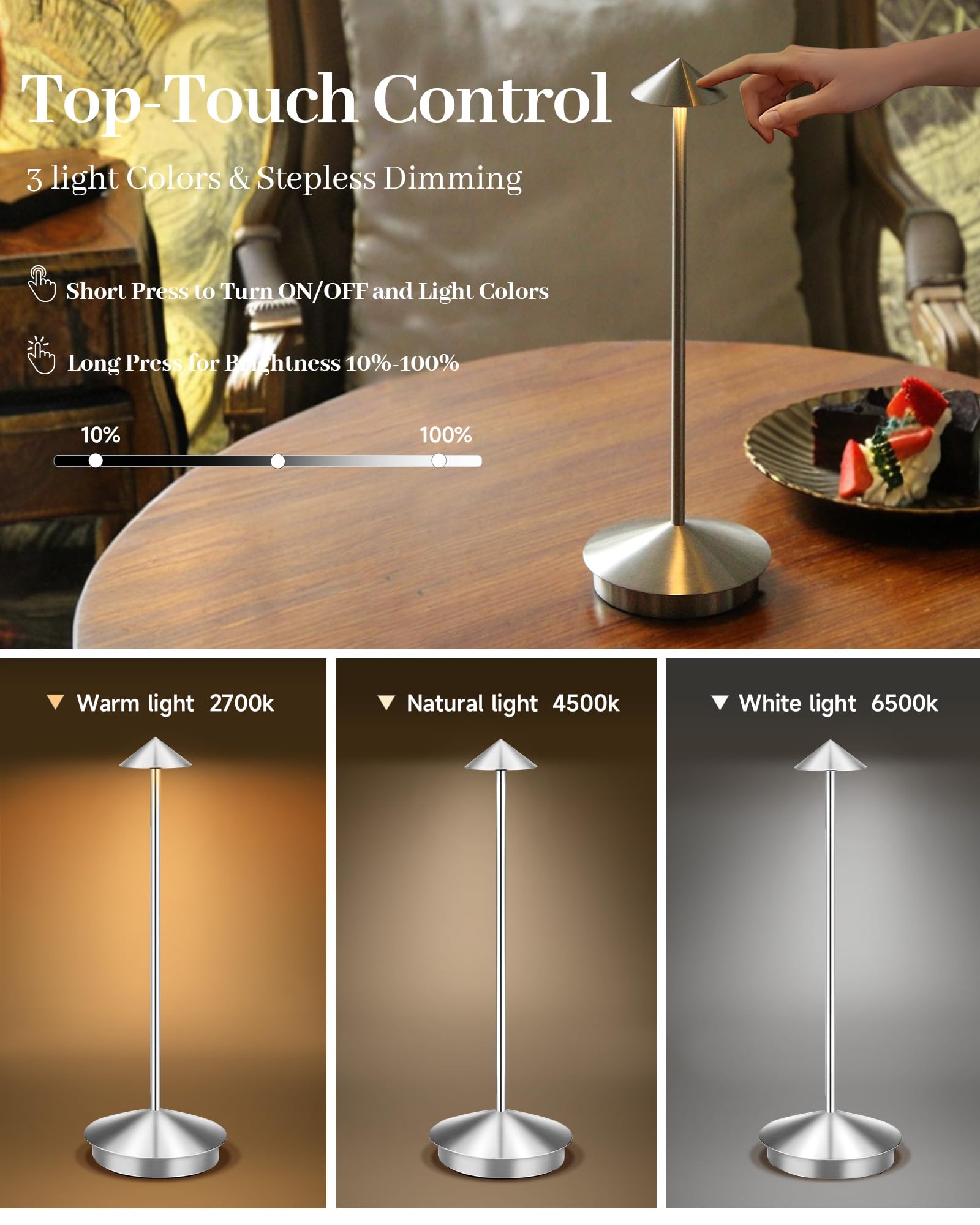 XMINKDZA Portable LED Table Lamp 2 Pack, Rechargeable 6000mAh, Dimmable, IP54 Waterproof, Silver, Aluminum, Model XDJDSJBBM