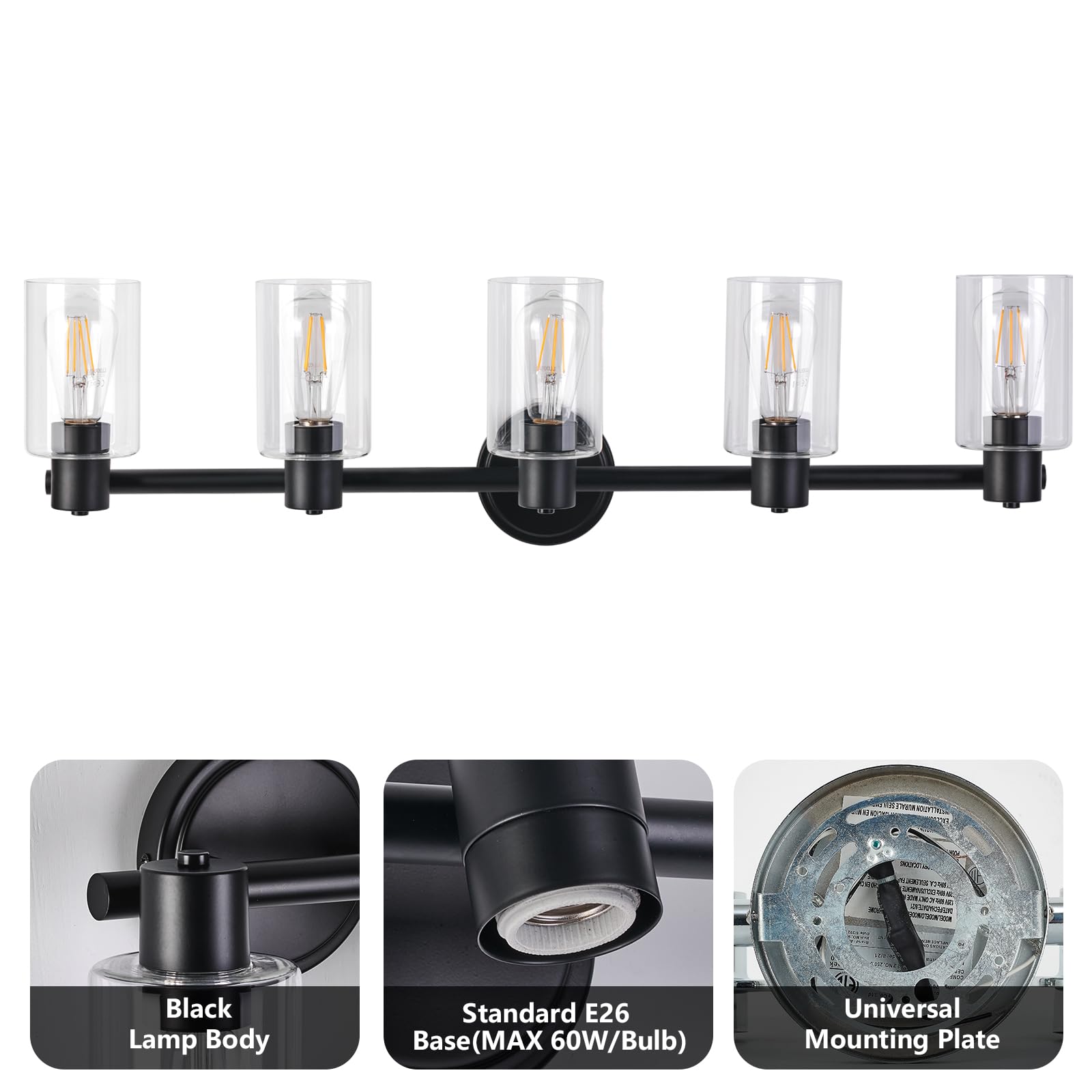 Alaislyc 5-Light Black Bathroom Wall Sconce With Clear Glass Lights For Vanity And Mirror