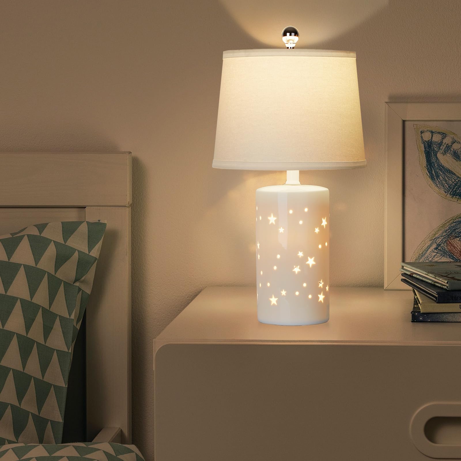 Cinkeda 20.5&quot; Modern White Ceramic Table Lamp Set Of 2 For Bedroom, Living Room, Office - Led Included