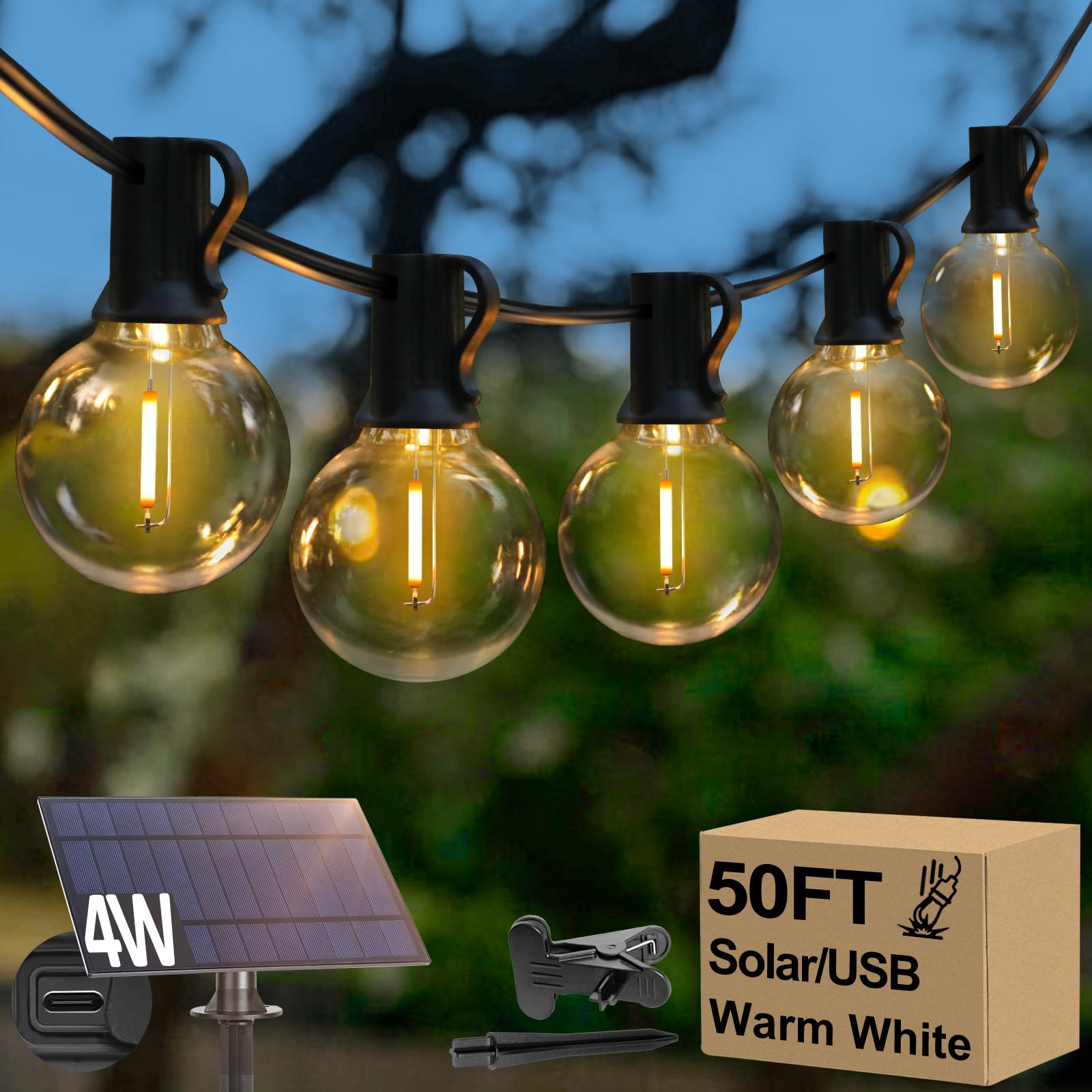 Lakumu Solar String Lights, 50FT G40 Globe LED, Waterproof, 2700K, Black, 27 Shatterproof Bulbs, Model GLS-18J2P-G40-