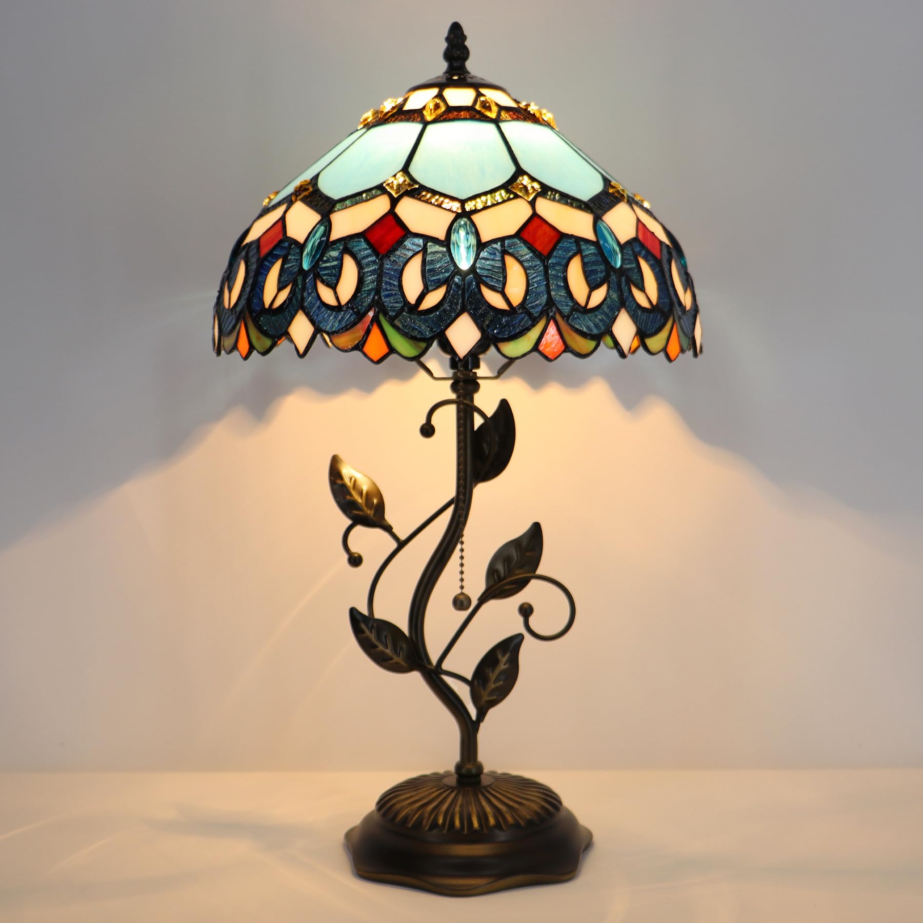 Lxhcyou Tiffany Table Lamp, Stained Glass Desk Light, W12H19 Inch, Metal Leaf Base (Baroque Style)